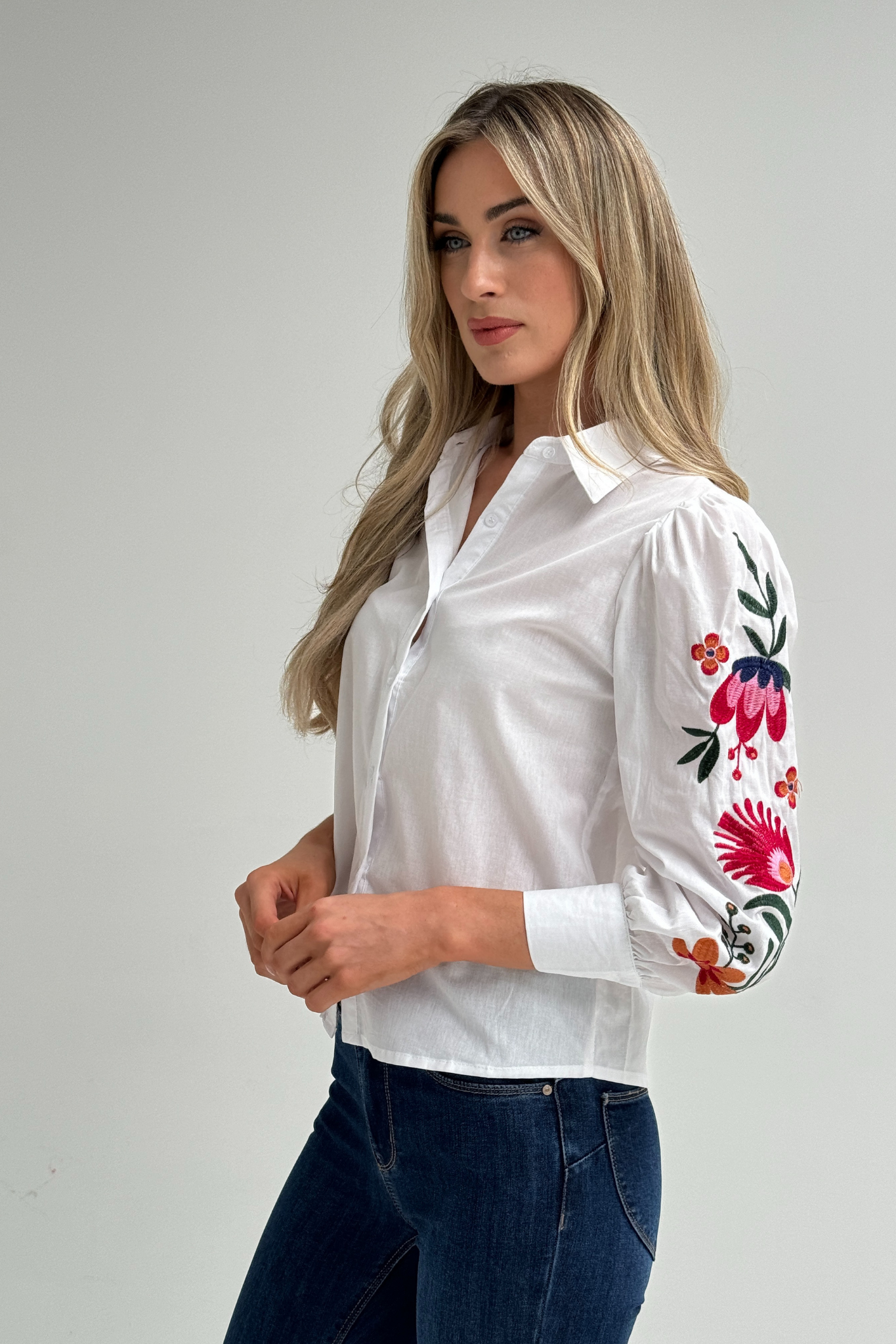 Sally Embroidered Sleeve Shirt In White