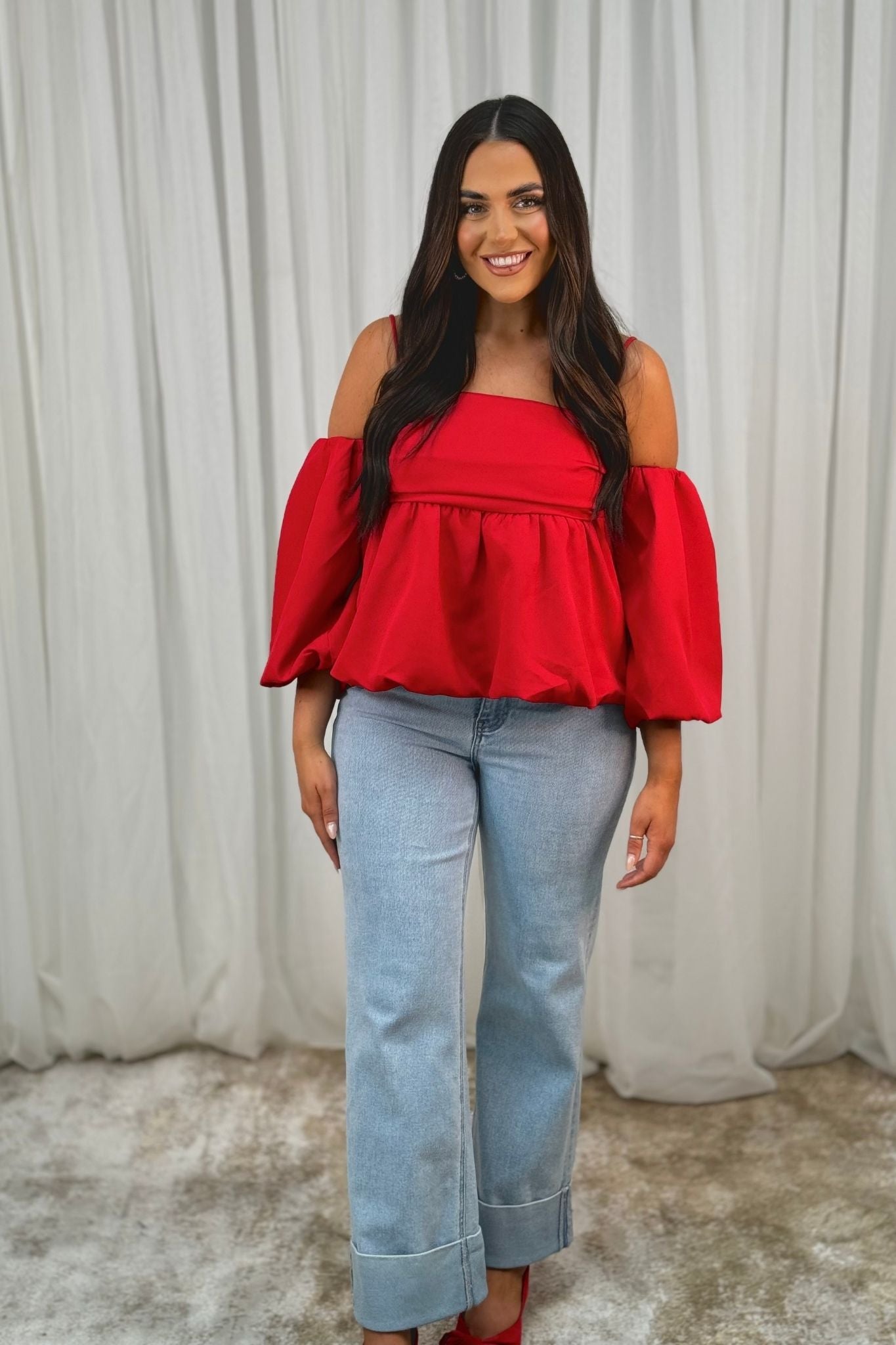 Lila Puff Sleeve Top In Red