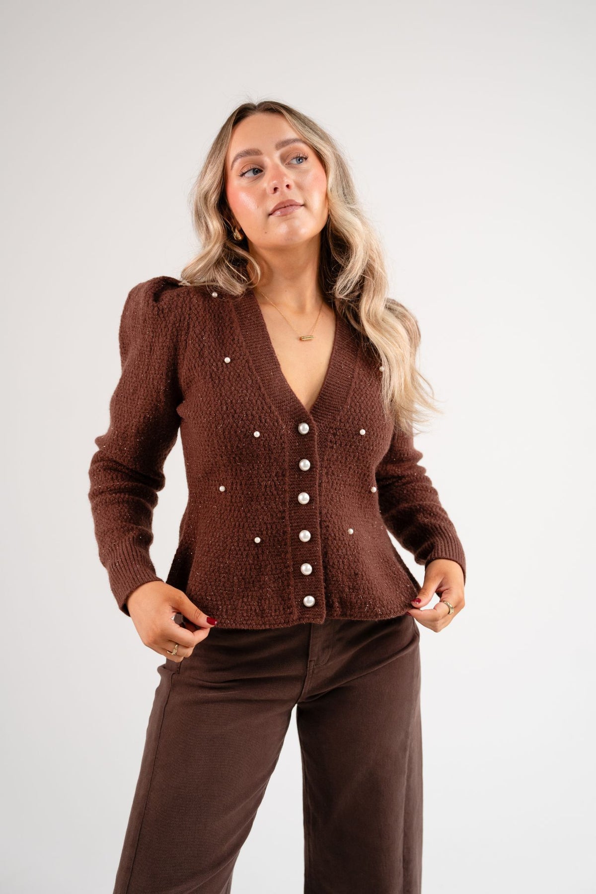 Love Laura Pearl Cardigan In Chocolate