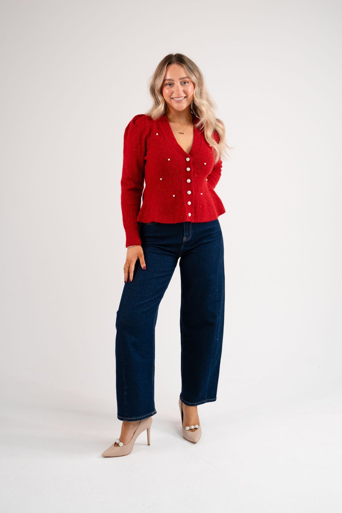 Love Laura Pearl Cardigan In Deep Red