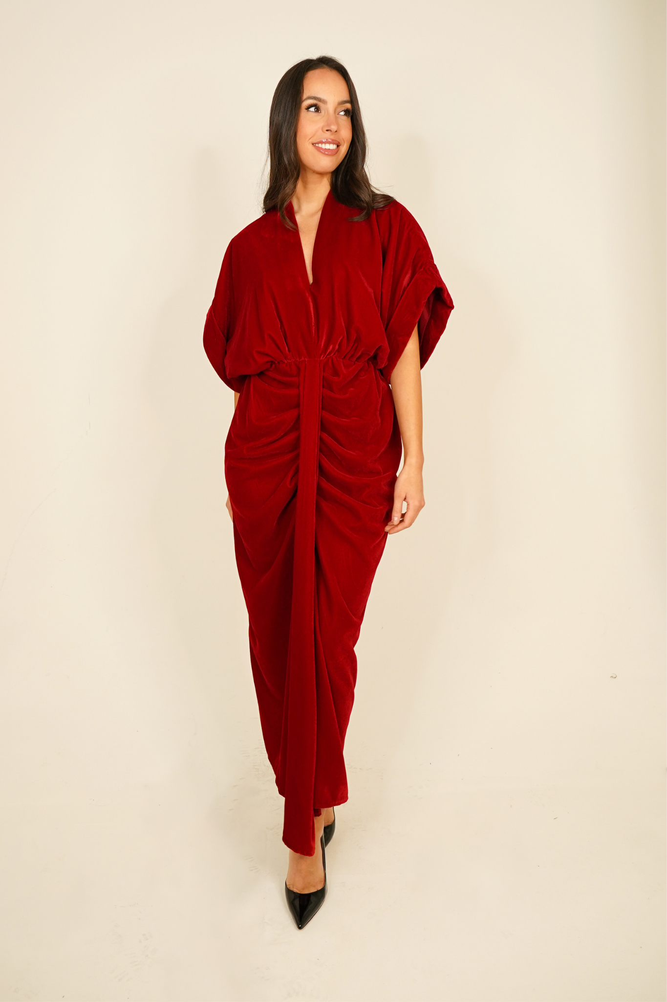 Eva Drape Front Velvet Dress In Red