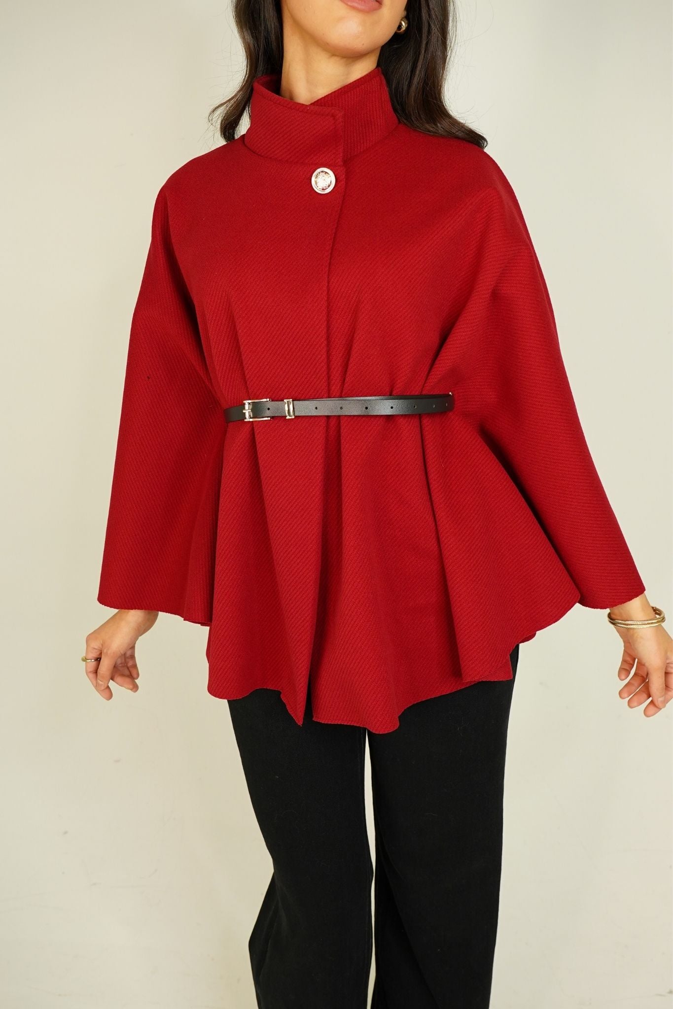 Leah Belted Cape Jacket In Burgundy