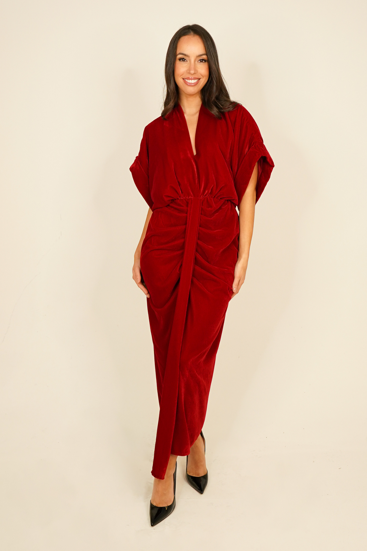 Eva Drape Front Velvet Dress In Red