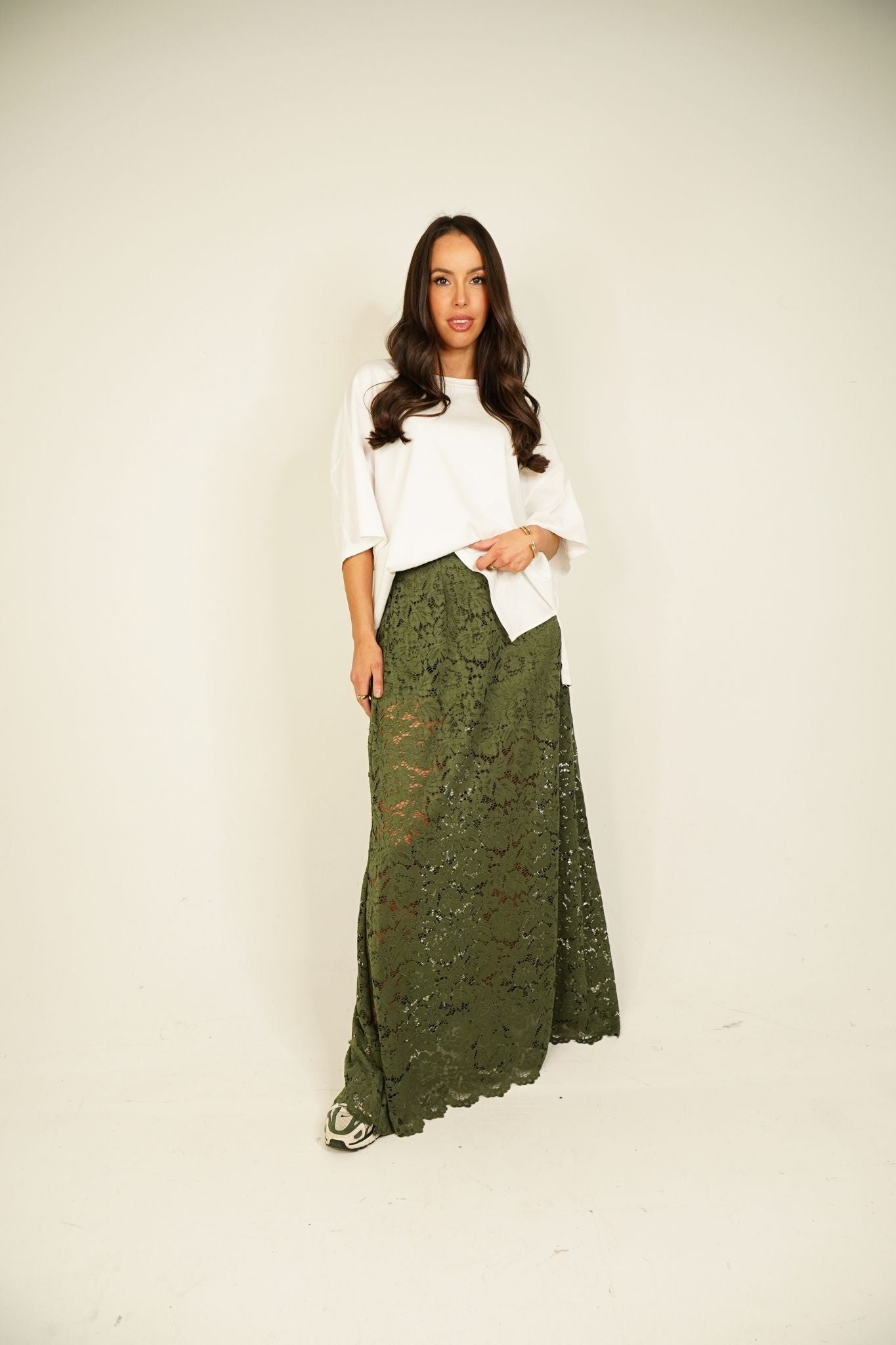 Leah Lace Maxi Skirt In Khaki