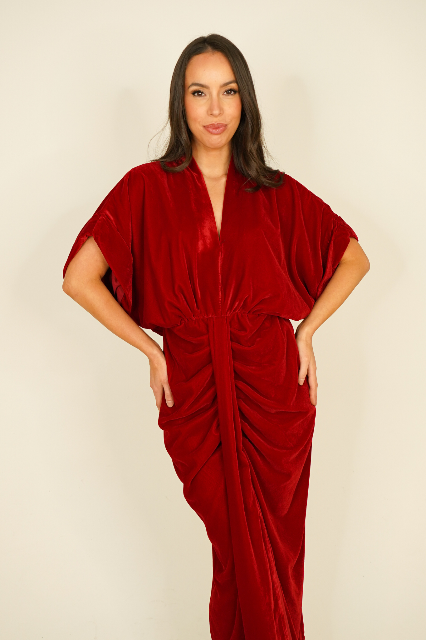 Eva Drape Front Velvet Dress In Red