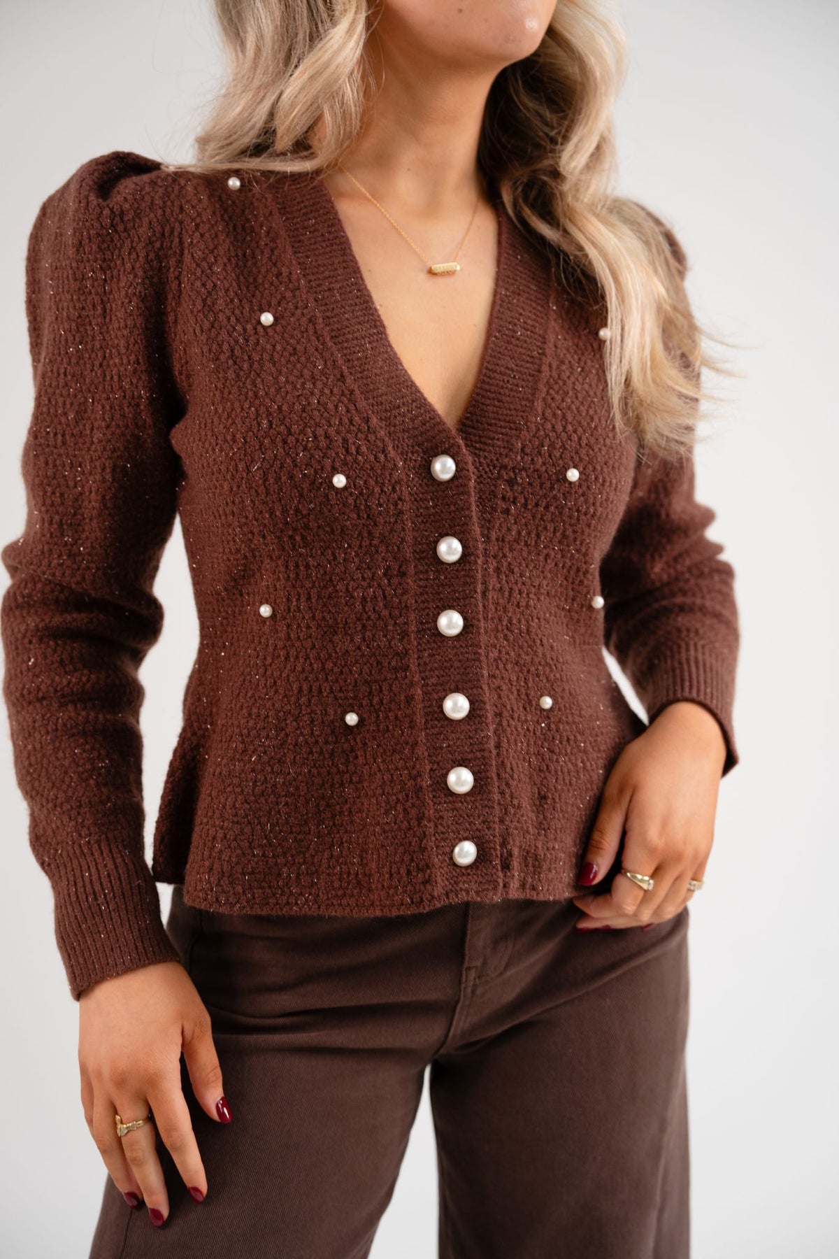 Love Laura Pearl Cardigan In Chocolate