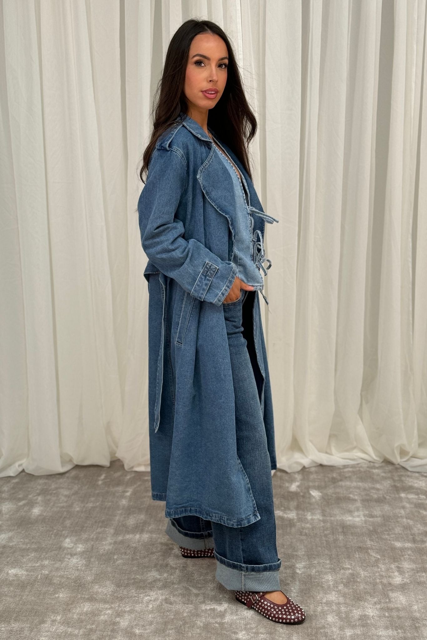 Lynne Denim Trench Coat In Mid Wash