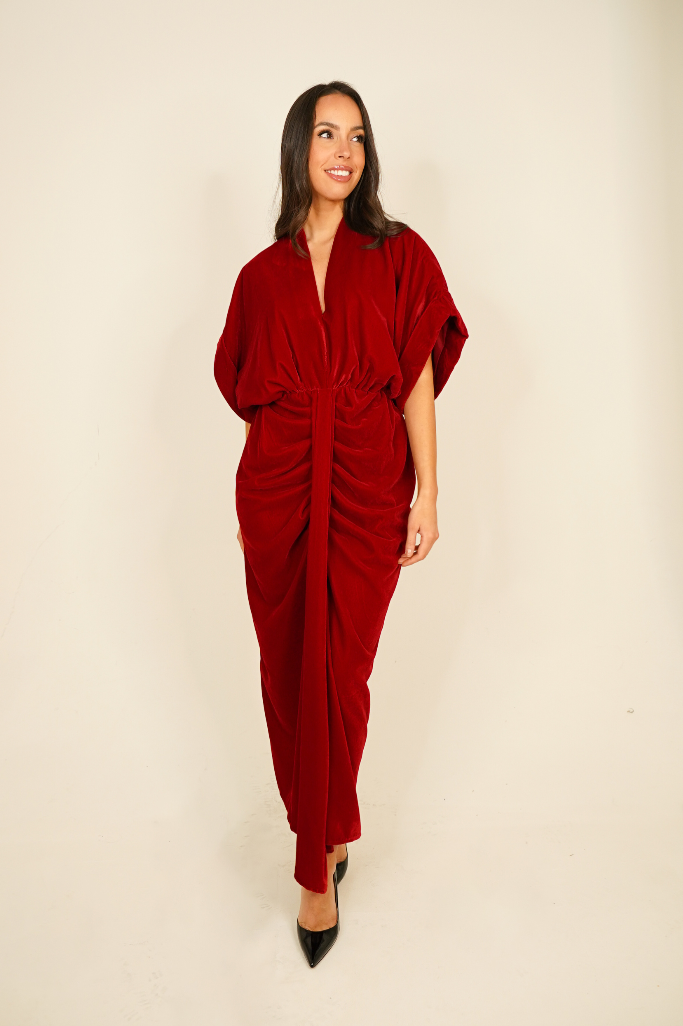 Eva Drape Front Velvet Dress In Red