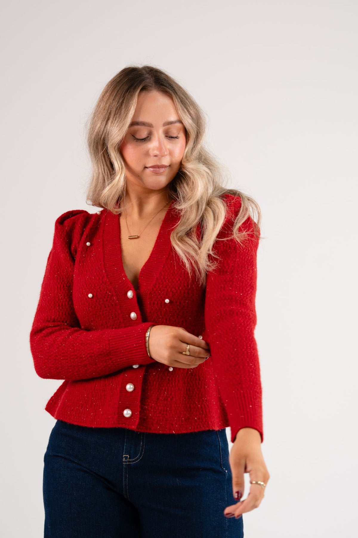 Love Laura Pearl Cardigan In Deep Red