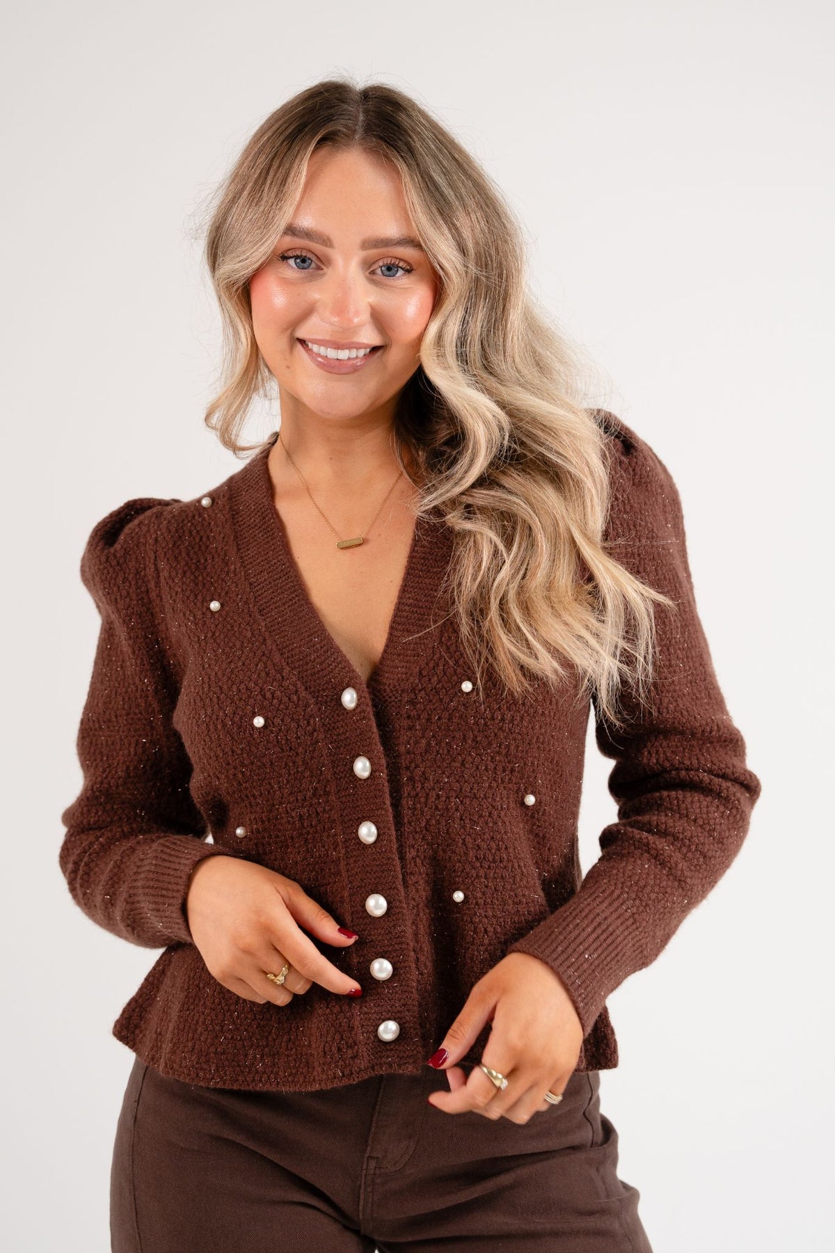 Love Laura Pearl Cardigan In Chocolate