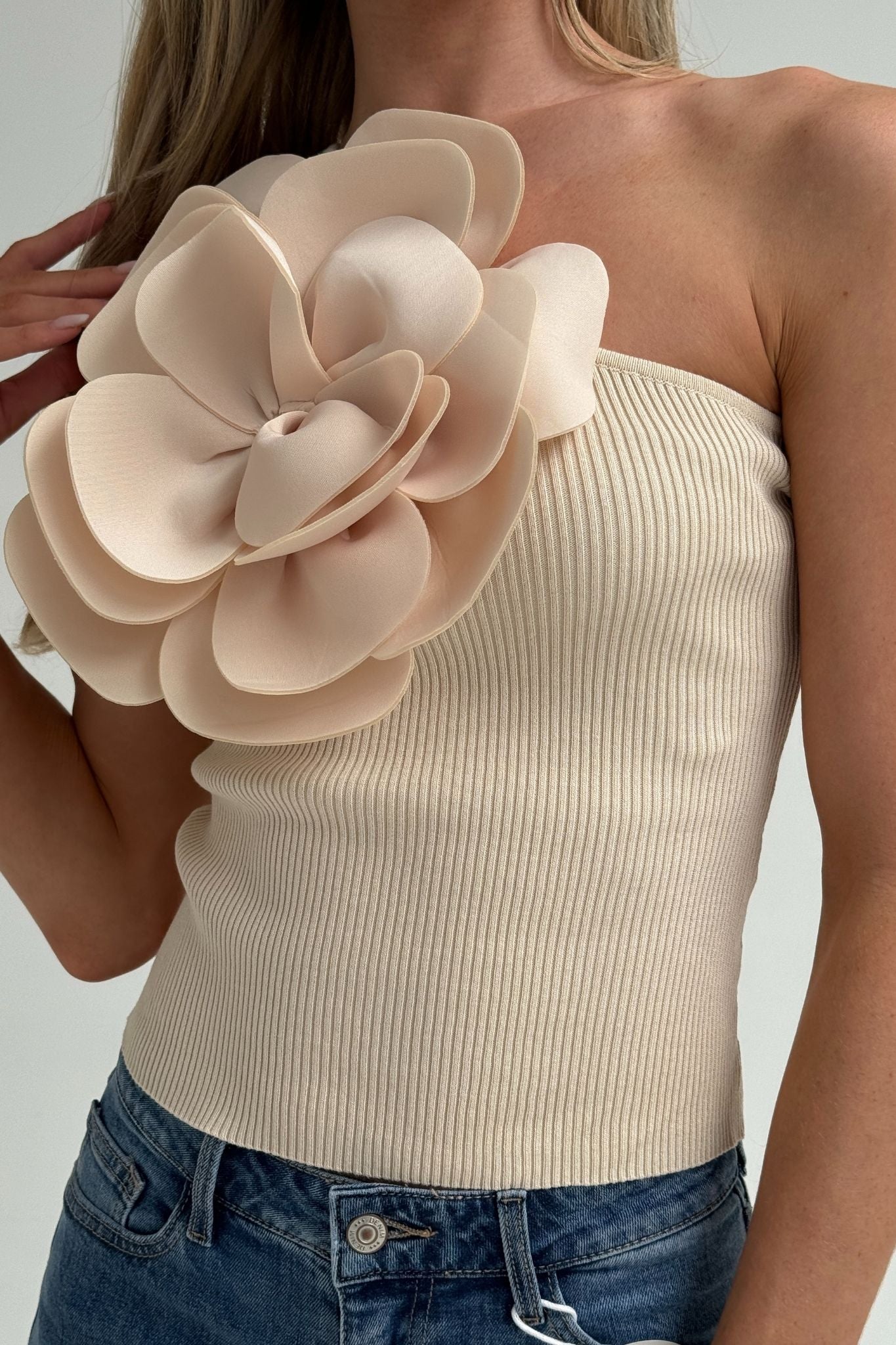 Maria One Shoulder Flower Top In Neutral