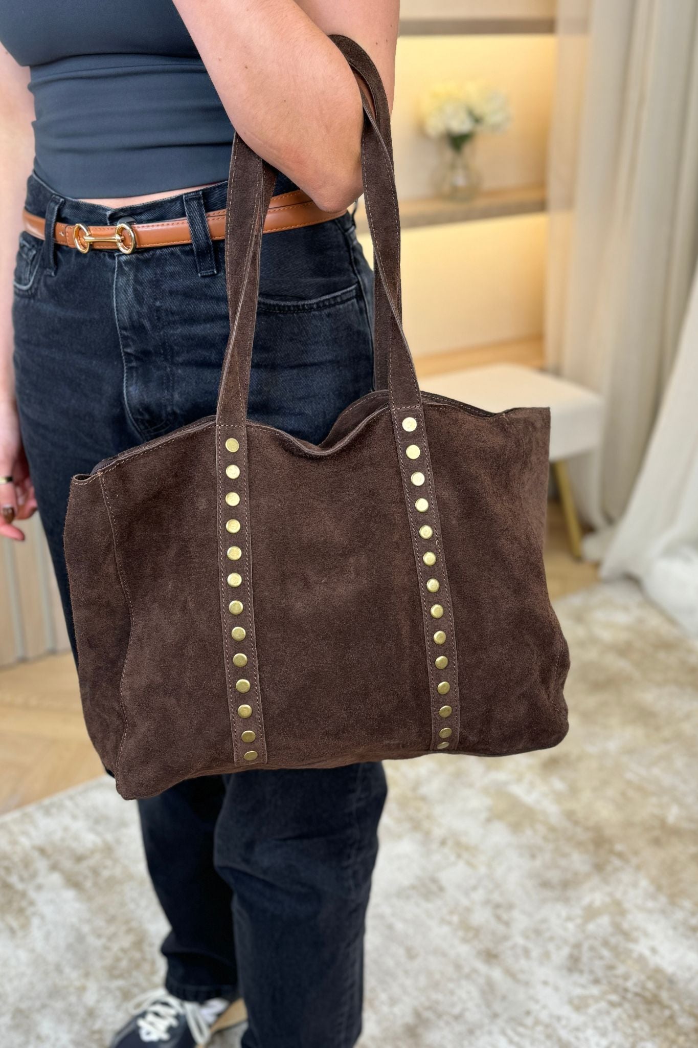 Polly Studded Tote Bag In Dark Brown