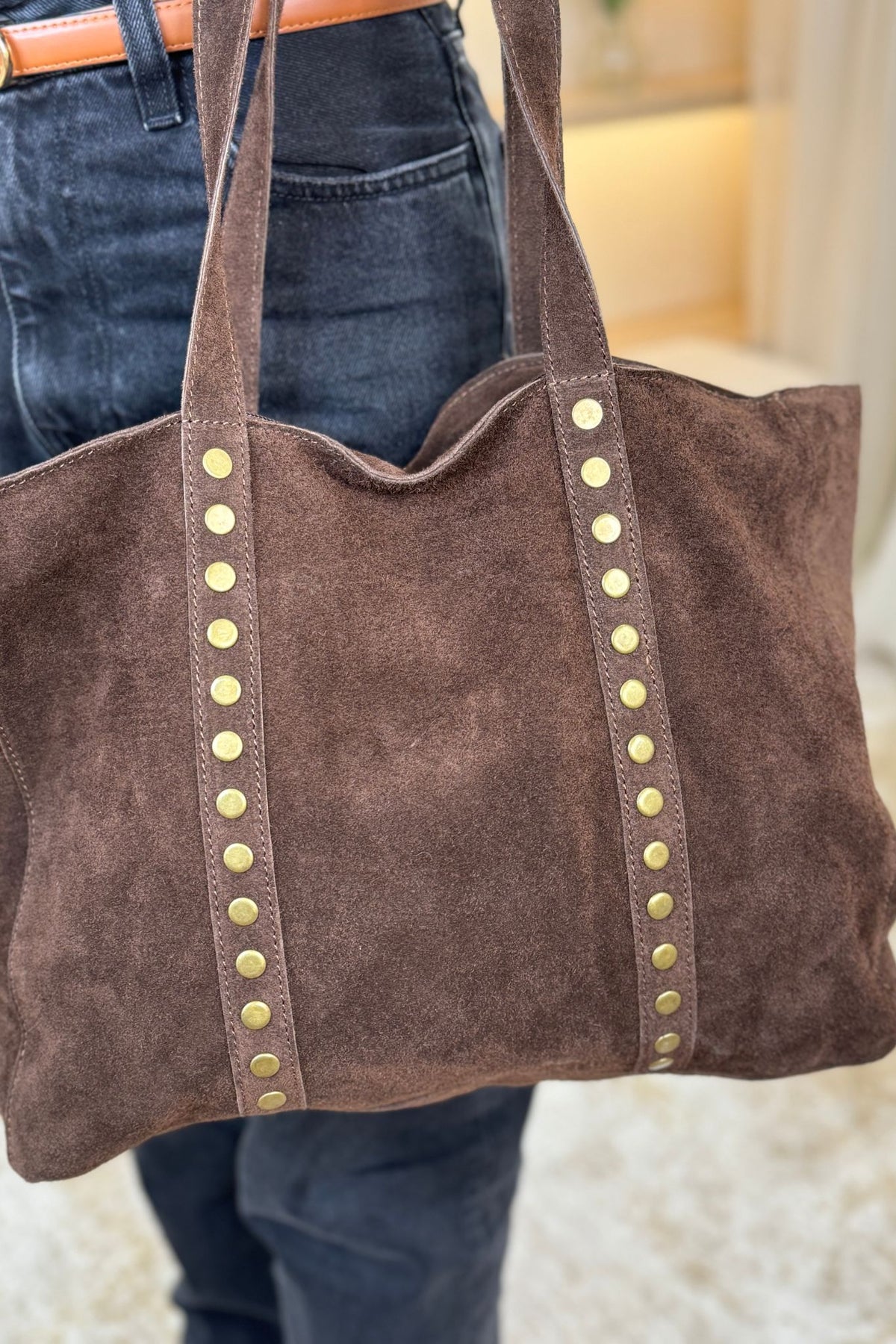 Polly Studded Tote Bag In Dark Brown