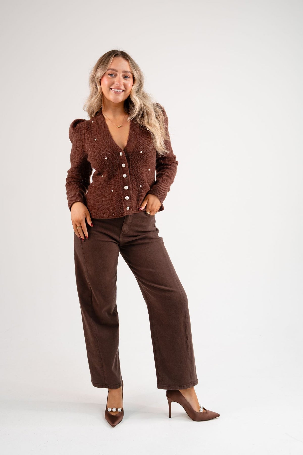 Love Laura Pearl Cardigan In Chocolate