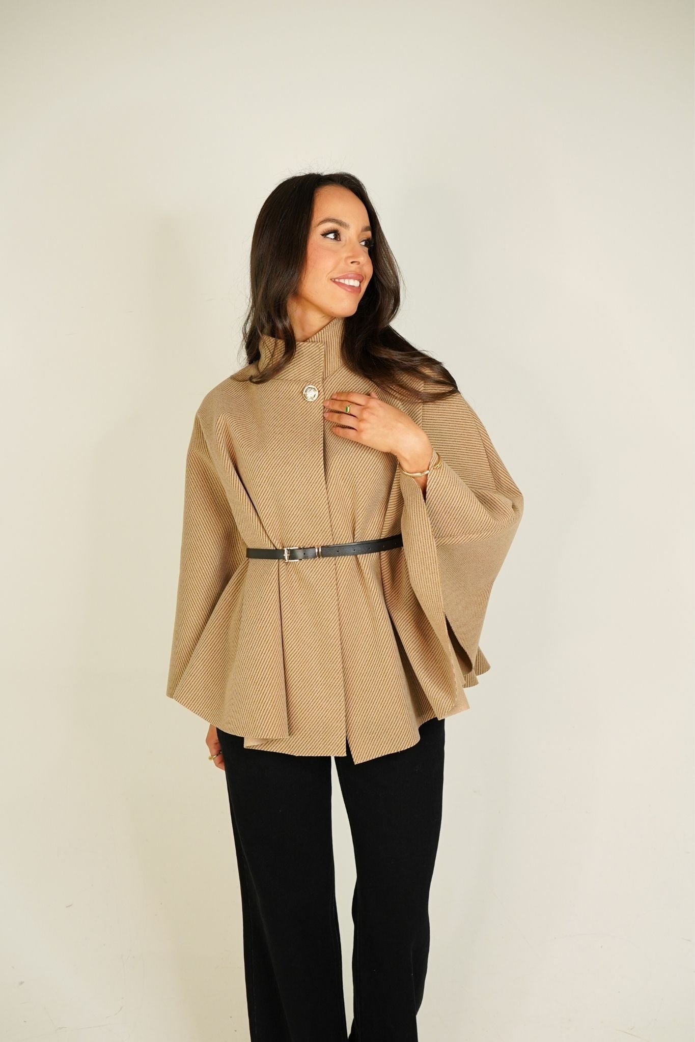 Leah Belted Cape Jacket In Camel