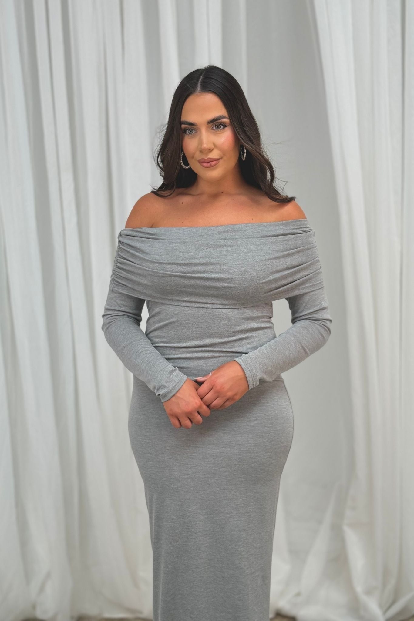 Erica Bardot Midi Dress In Grey