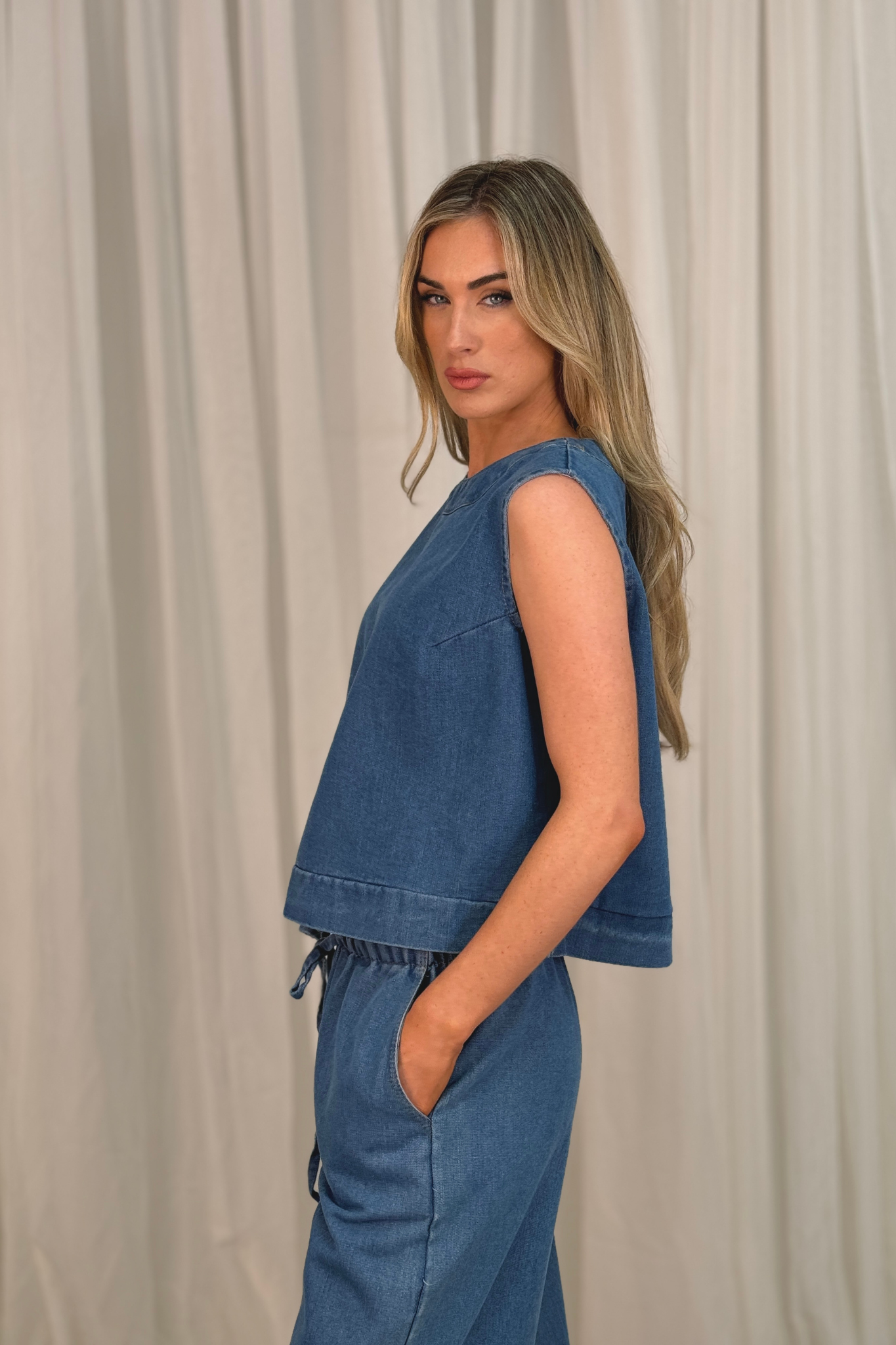 Leona Crop Tunic Top In Denim