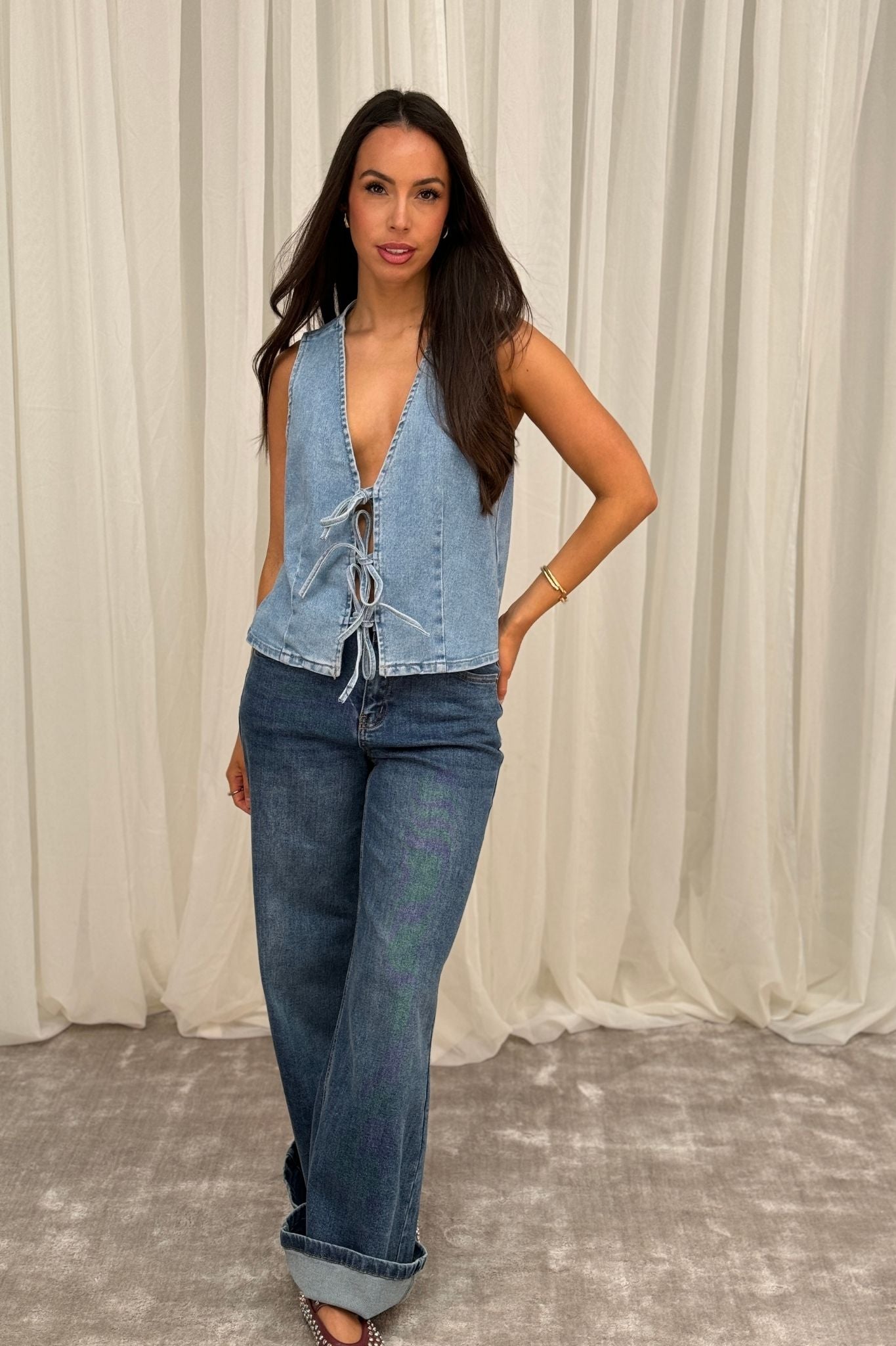 Lynne Tie Front Denim Waistcoat In Light Wash