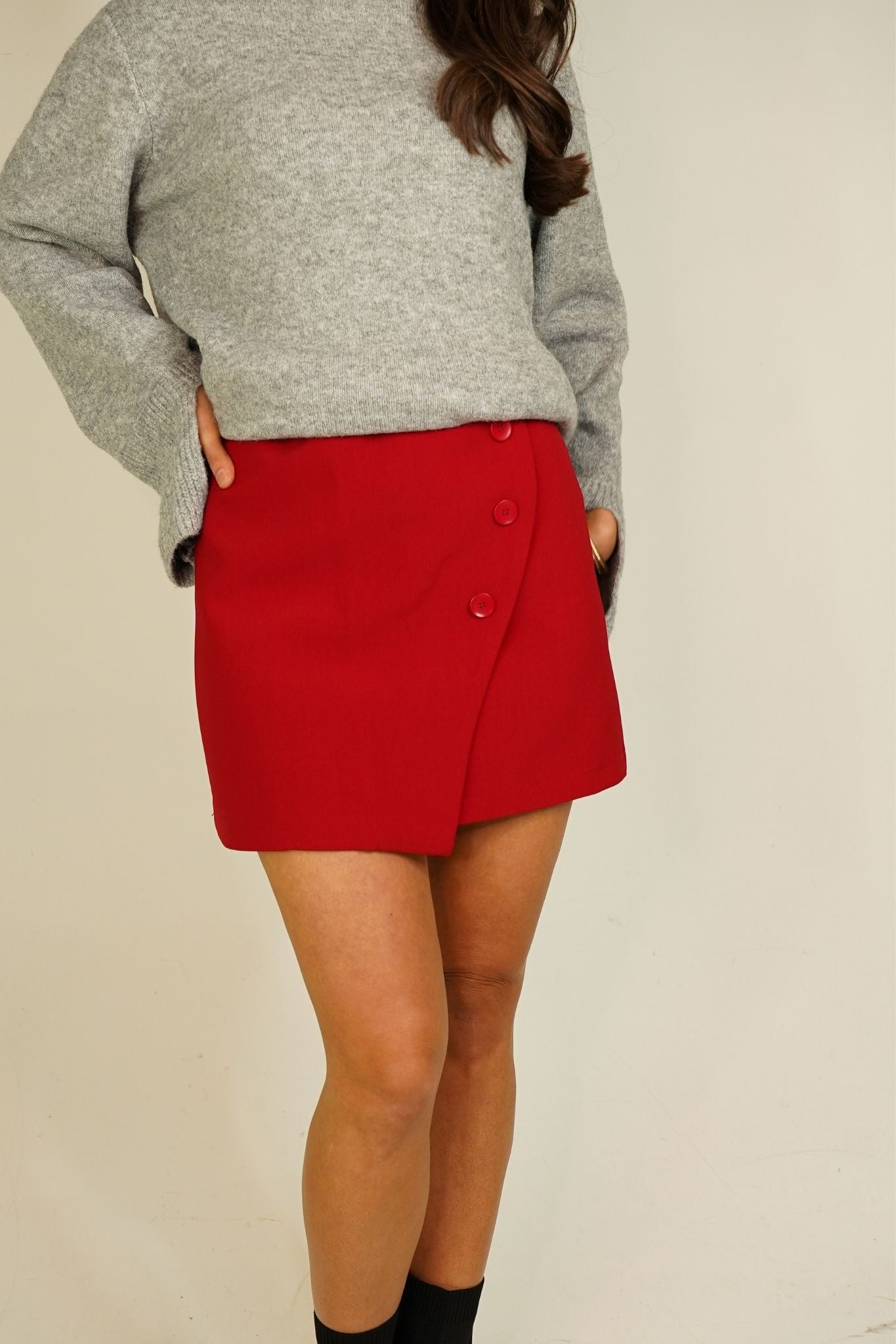 Kiera Asymmetric Button Skirt In Red