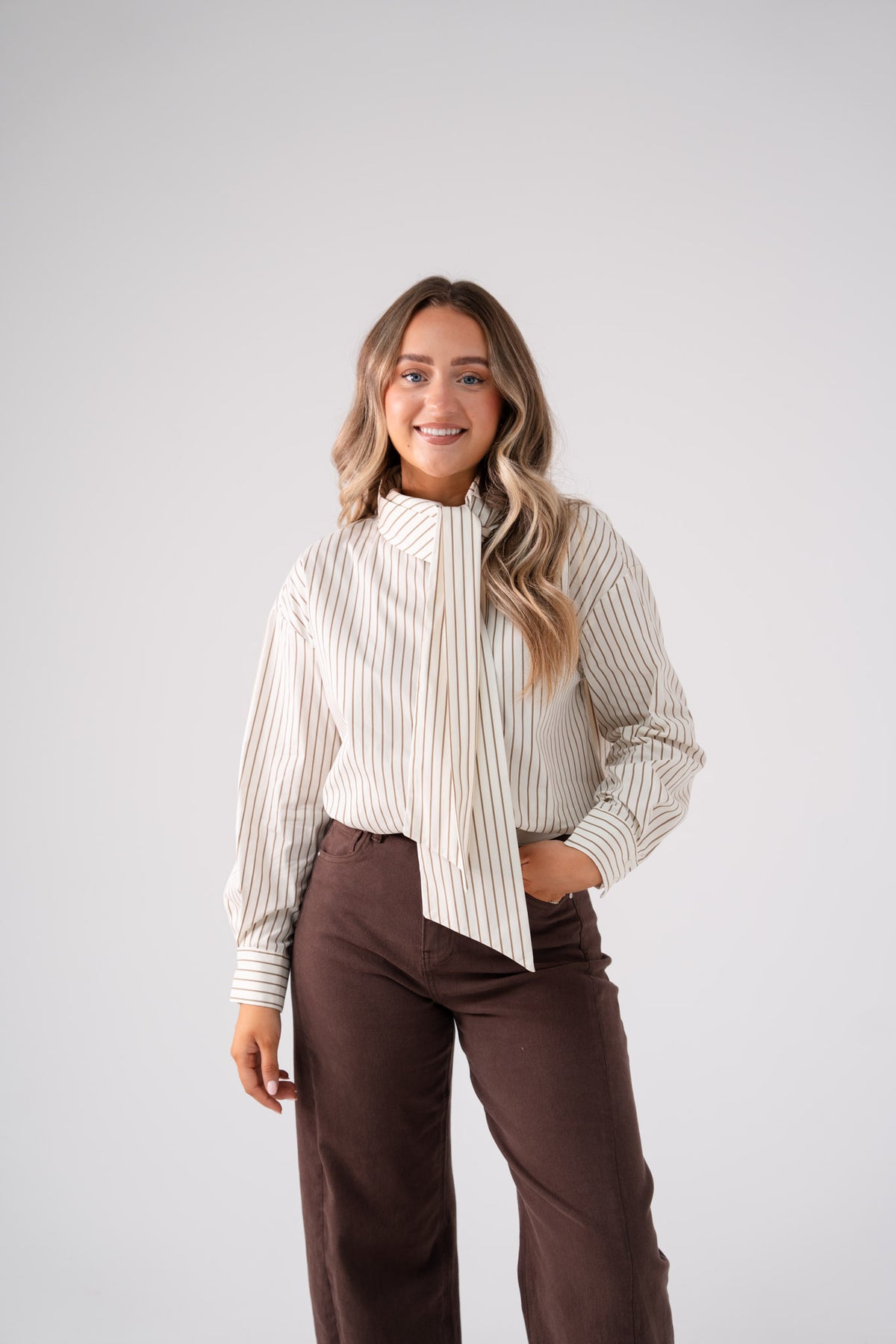 Love Laura Pinstripe Bow Blouse In Nude