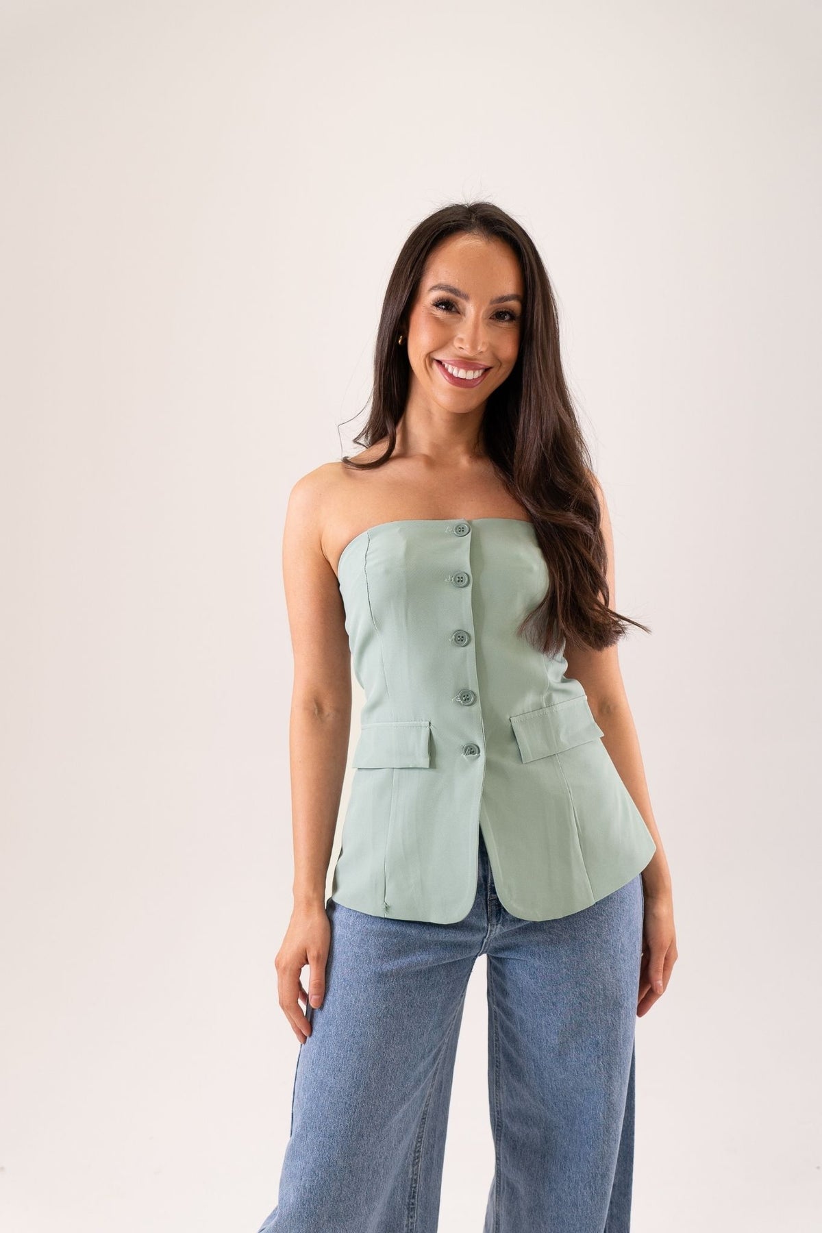 Erica Button Front Strapless Top In Sage