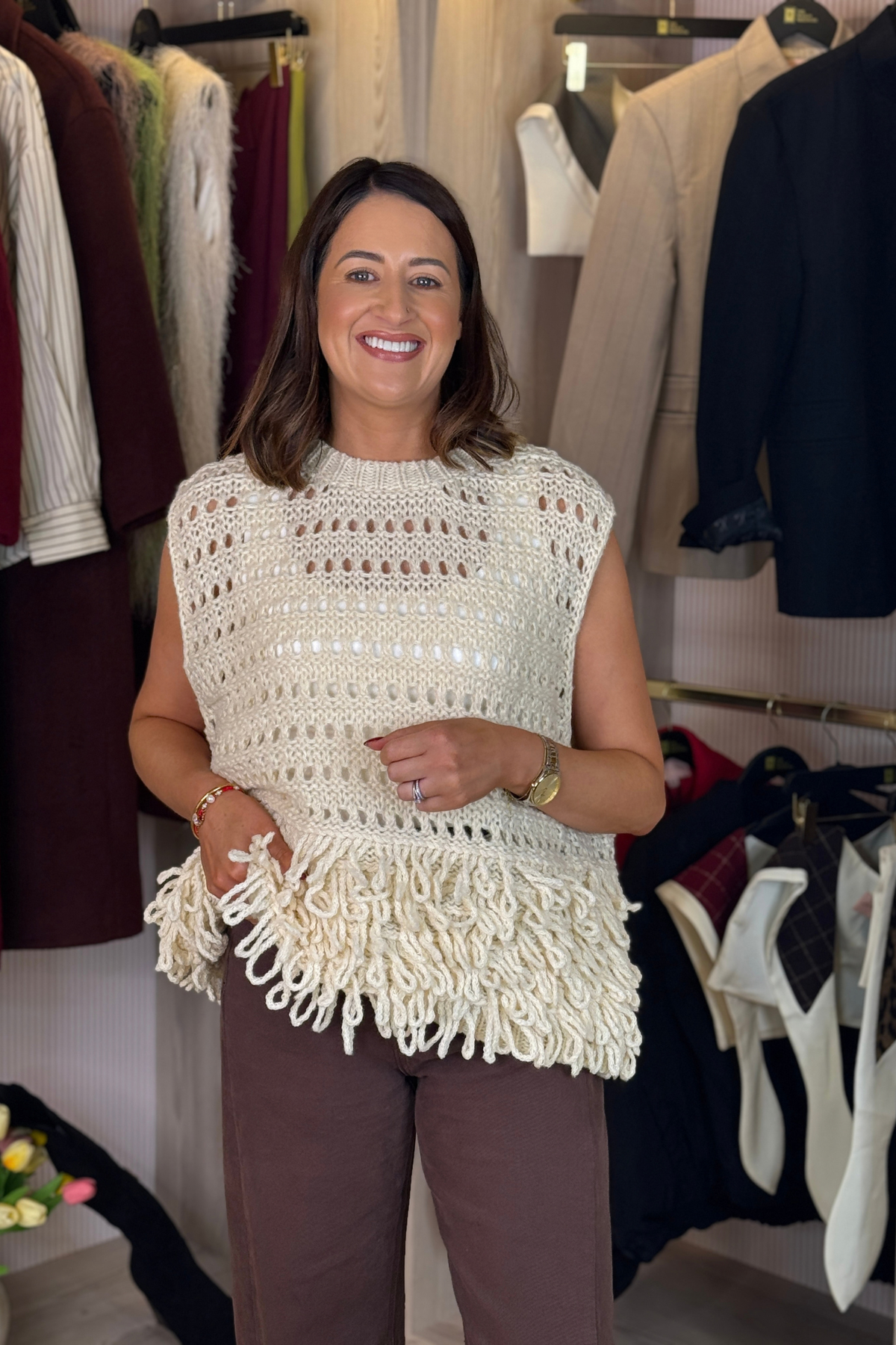 Elsa Sleeveless Fringed Top In Cream