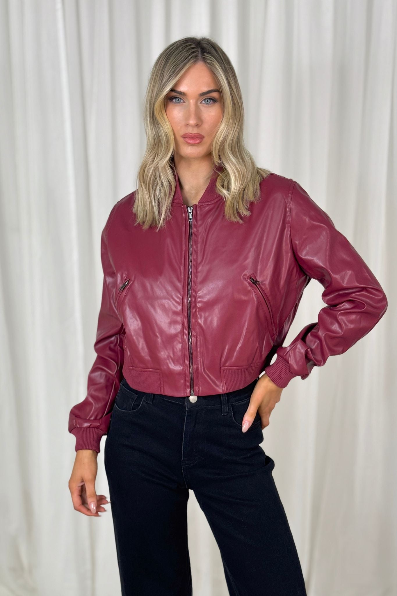 Erica Faux Leather Bomber Jacket In Bordeaux