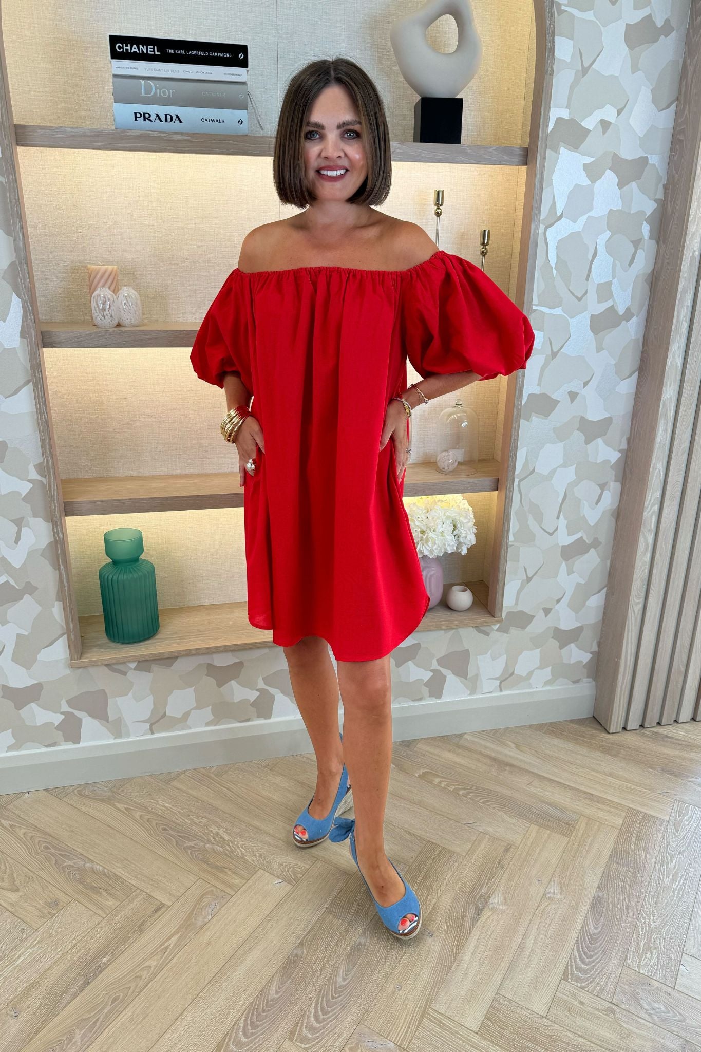 Caitlyn Puff Sleeve Bardot Dress In Red