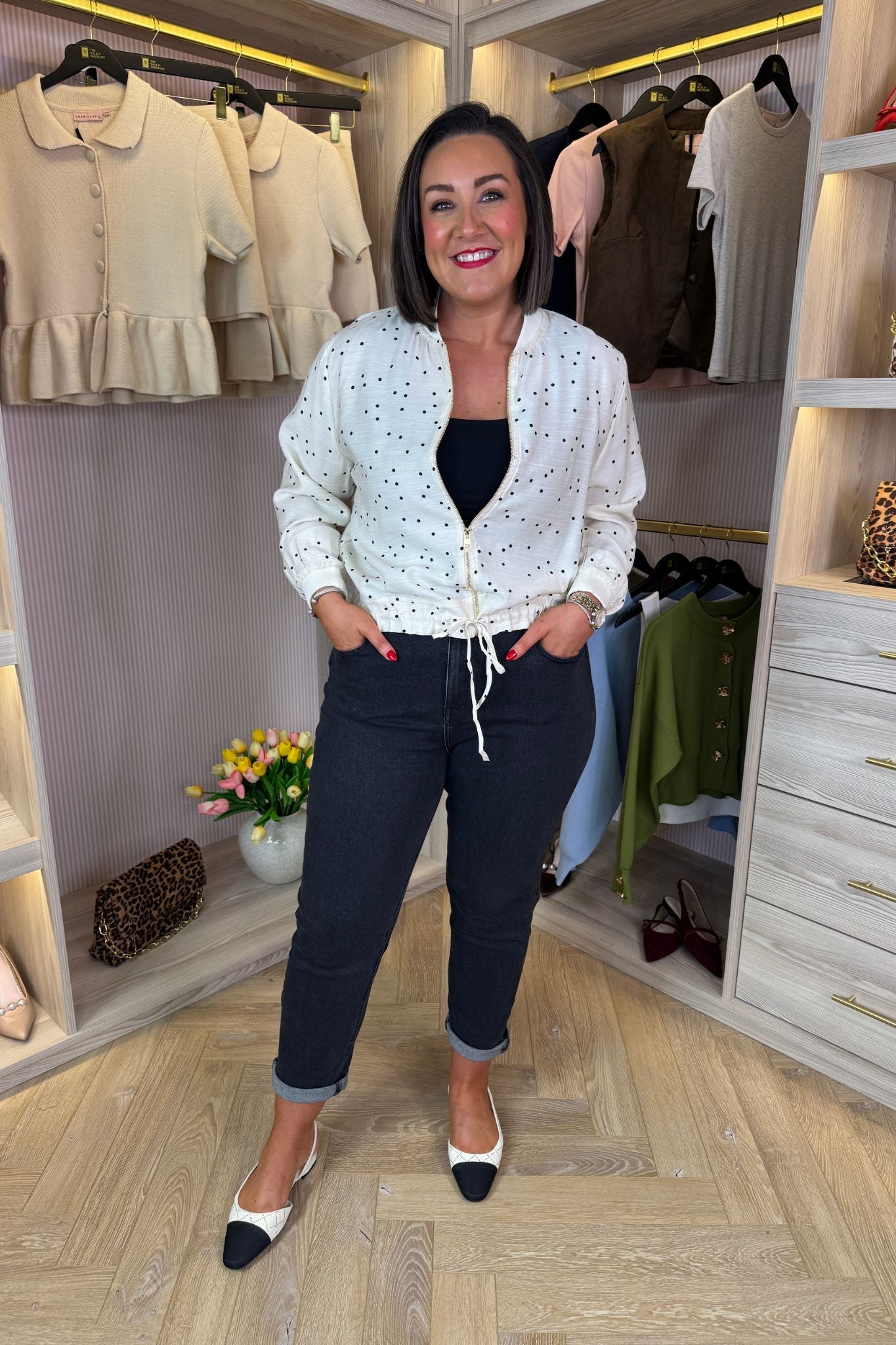 Maddie Polka Dot Bomber Jacket In Cream