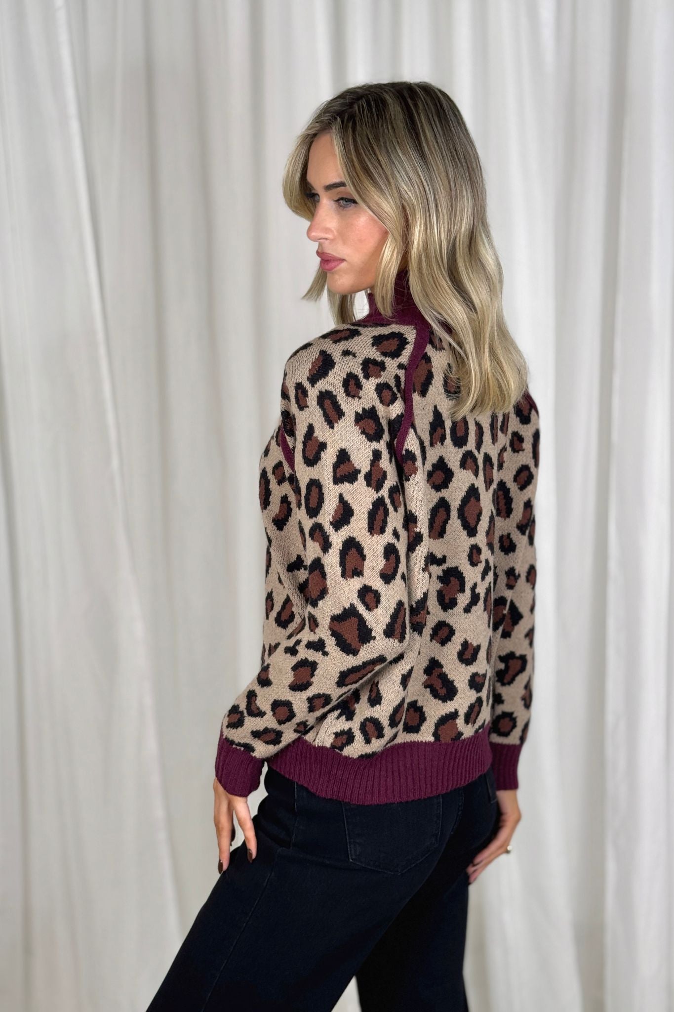 Millie Bordeaux Trim Jumper In Leopard Print