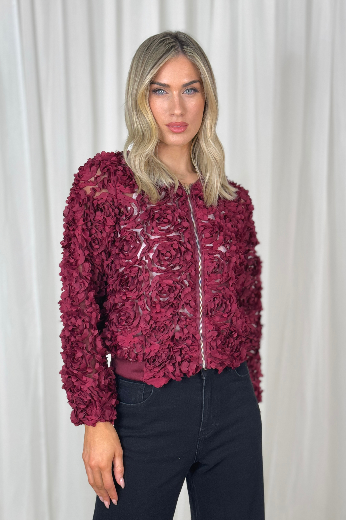 Holly Textured Bomber Jacket In Bordeaux