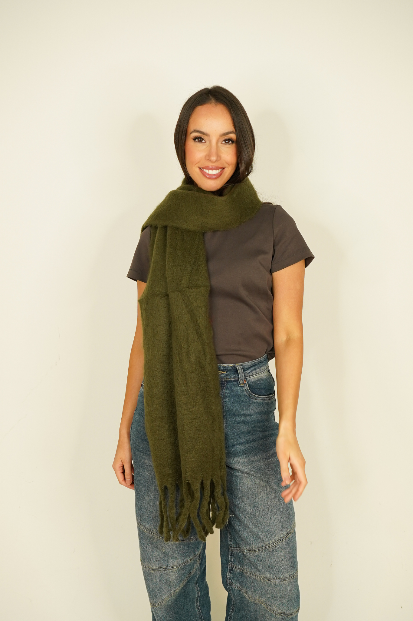 Polly Tassel Scarf In Khaki