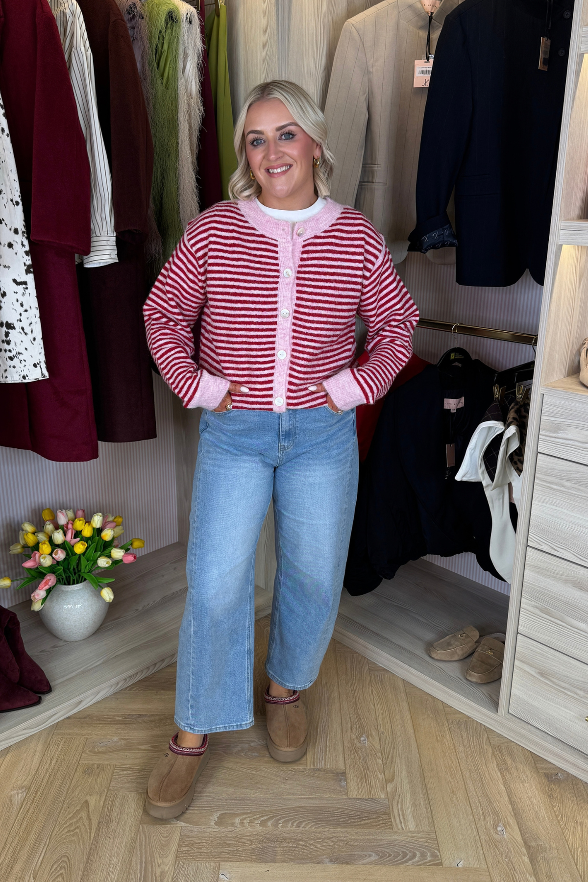 Elsa Stripe Cardigan In Red & Pink