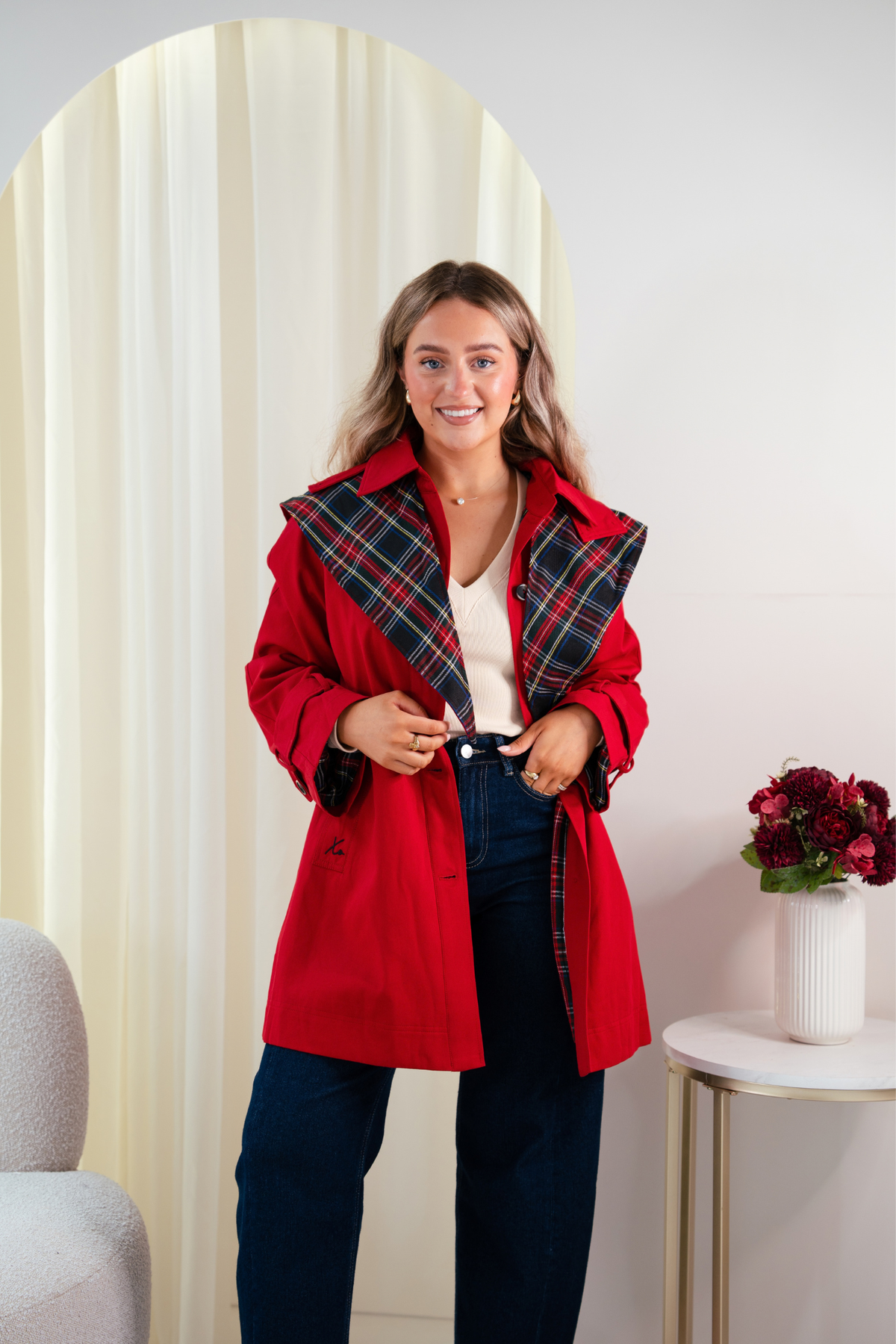 Love Laura Trench Coat With Scarf In Red