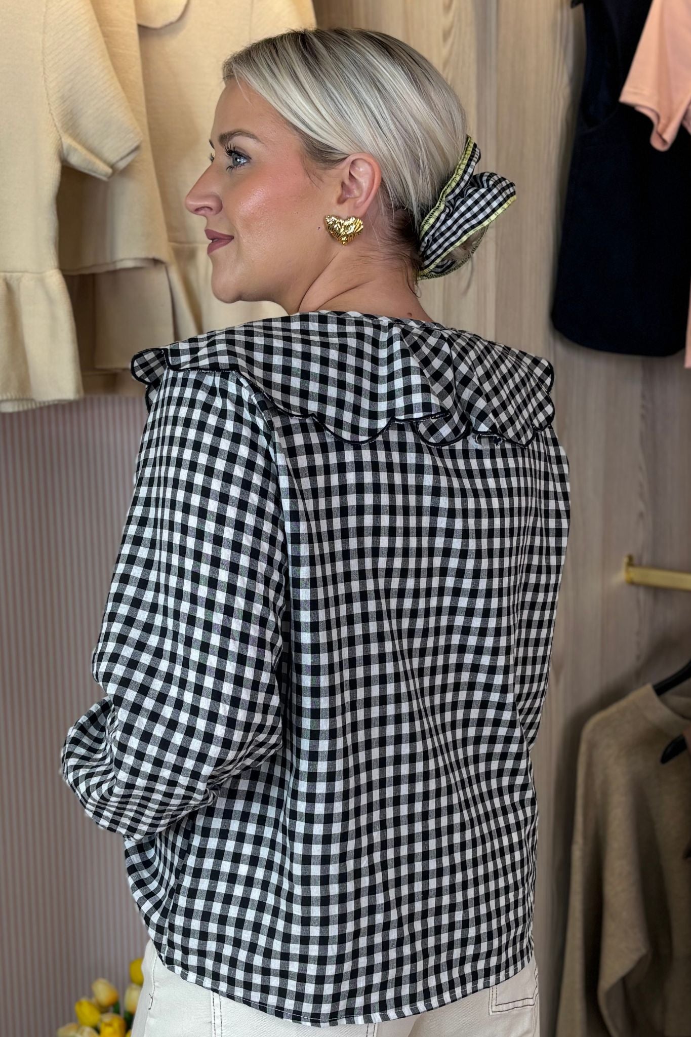 Maddie Tie Neck Gingham Blouse In Black