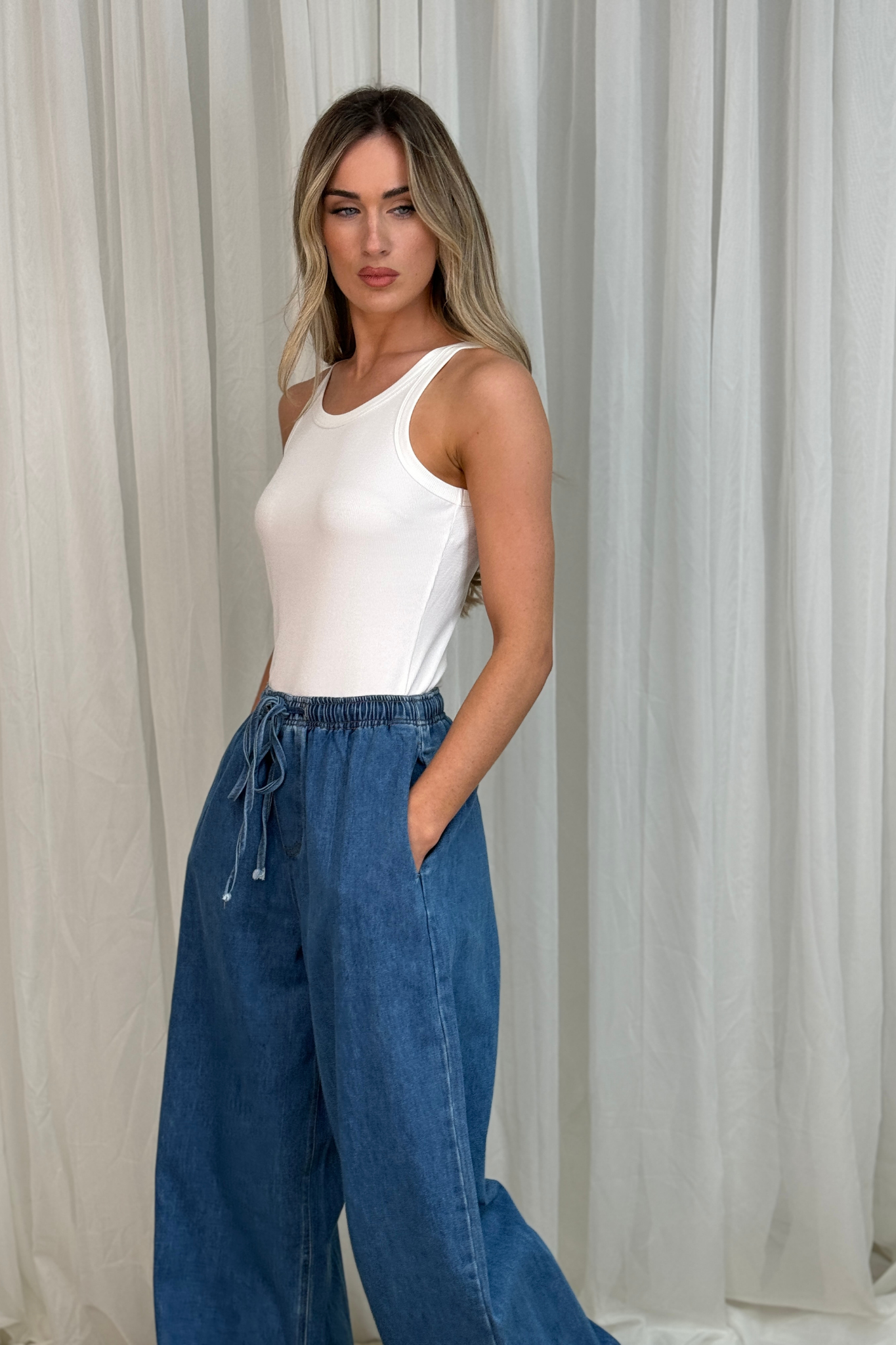 Jane Drawstring Waist Jeans In Mid Wash