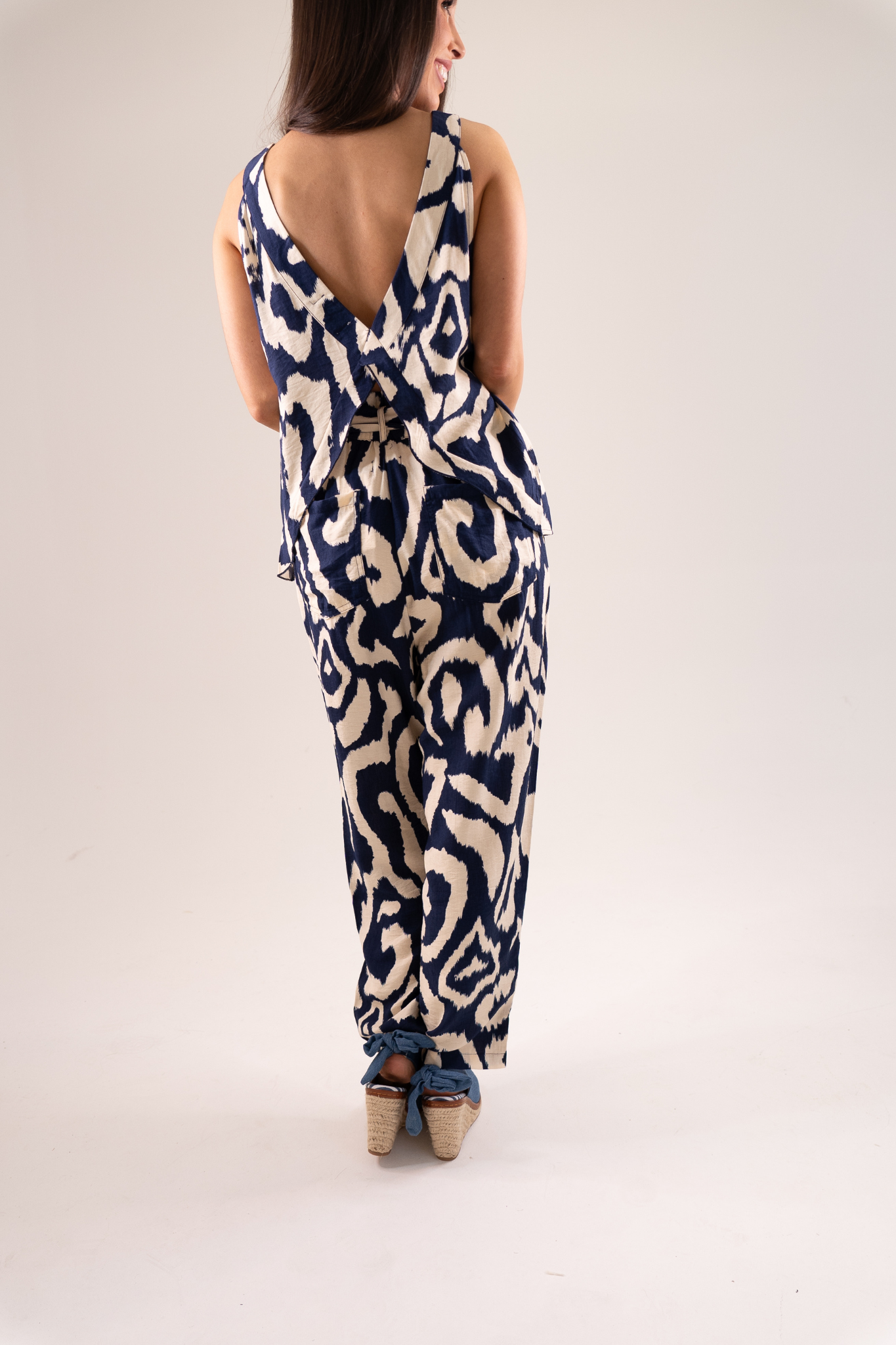 Becca Printed Paper Bag Trousers In Navy Mix