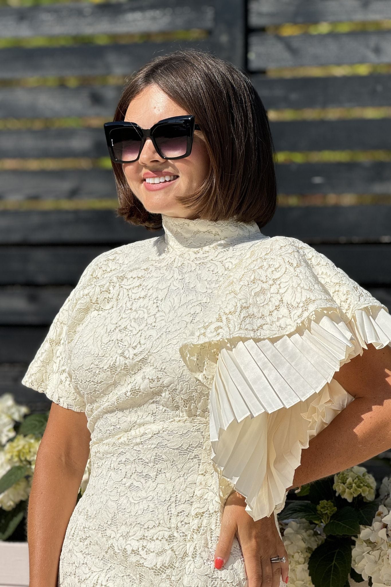 Kayla Pleat Sleeve Lace Dress In Cream