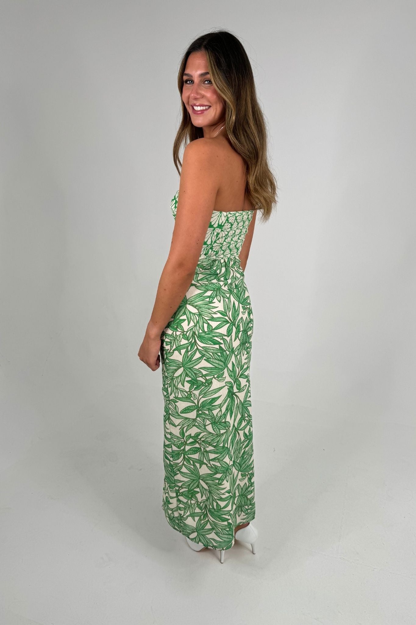 Caitlyn Strapless Dress In Green Print