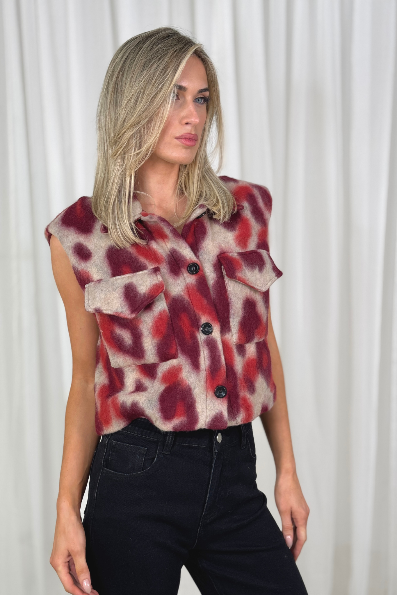 Indie Animal Print Gilet In Red Mix