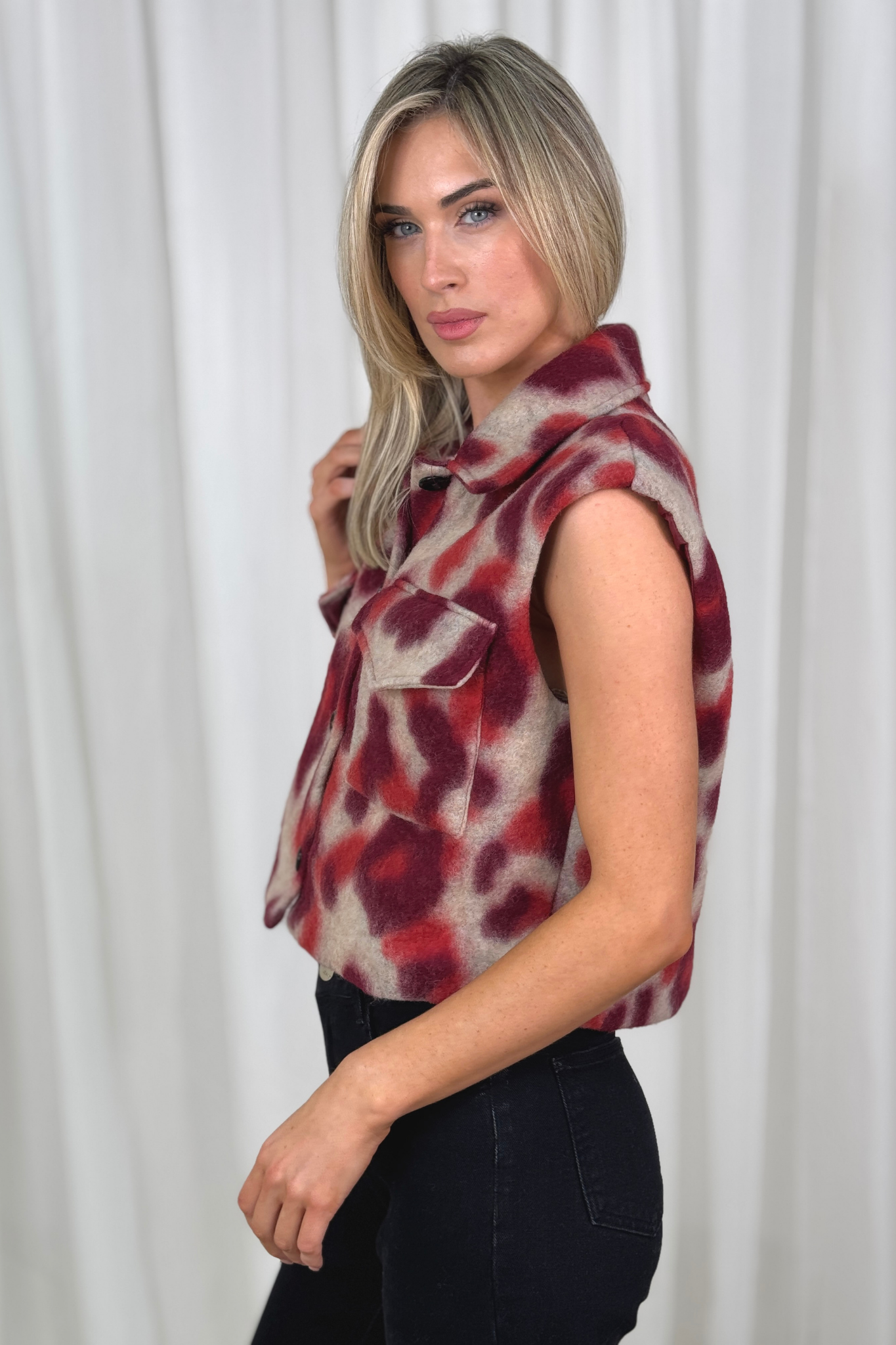 Indie Animal Print Gilet In Red Mix