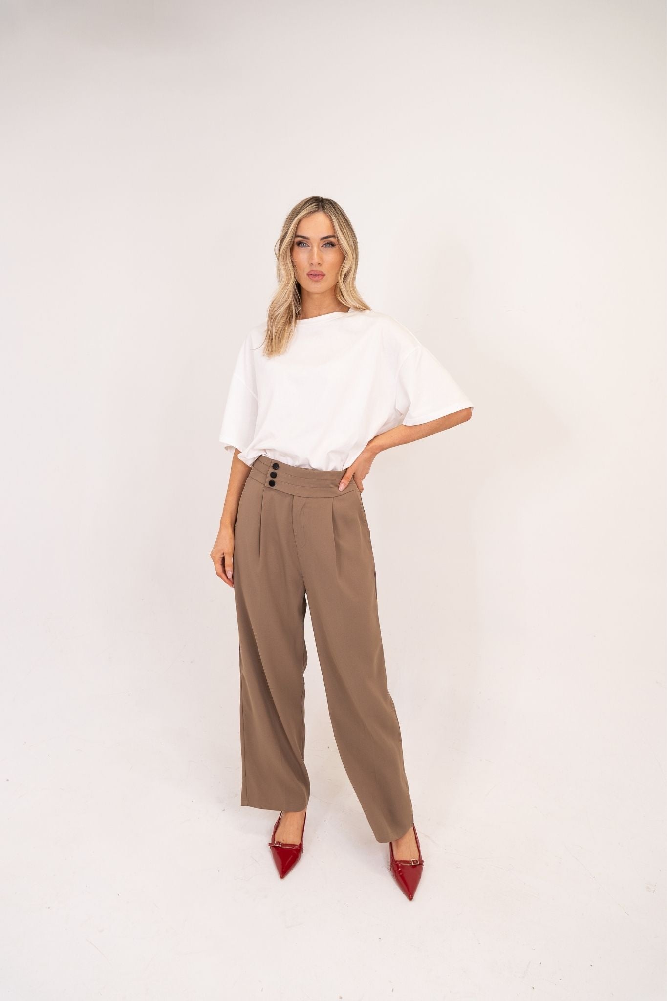 Willow Button Waist Trousers In Taupe