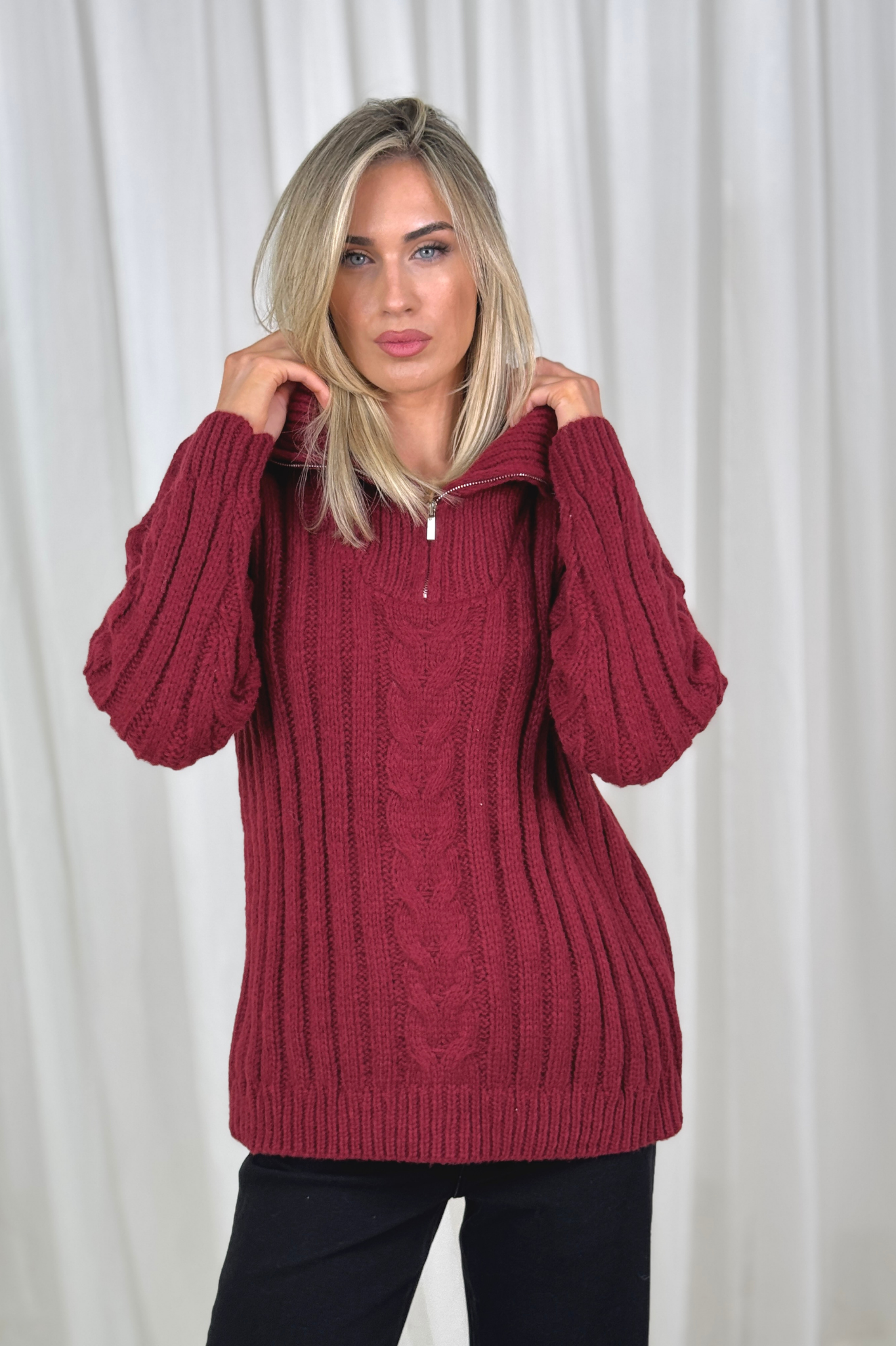 Caitlyn Half Zip Knit Jumper In Burgundy