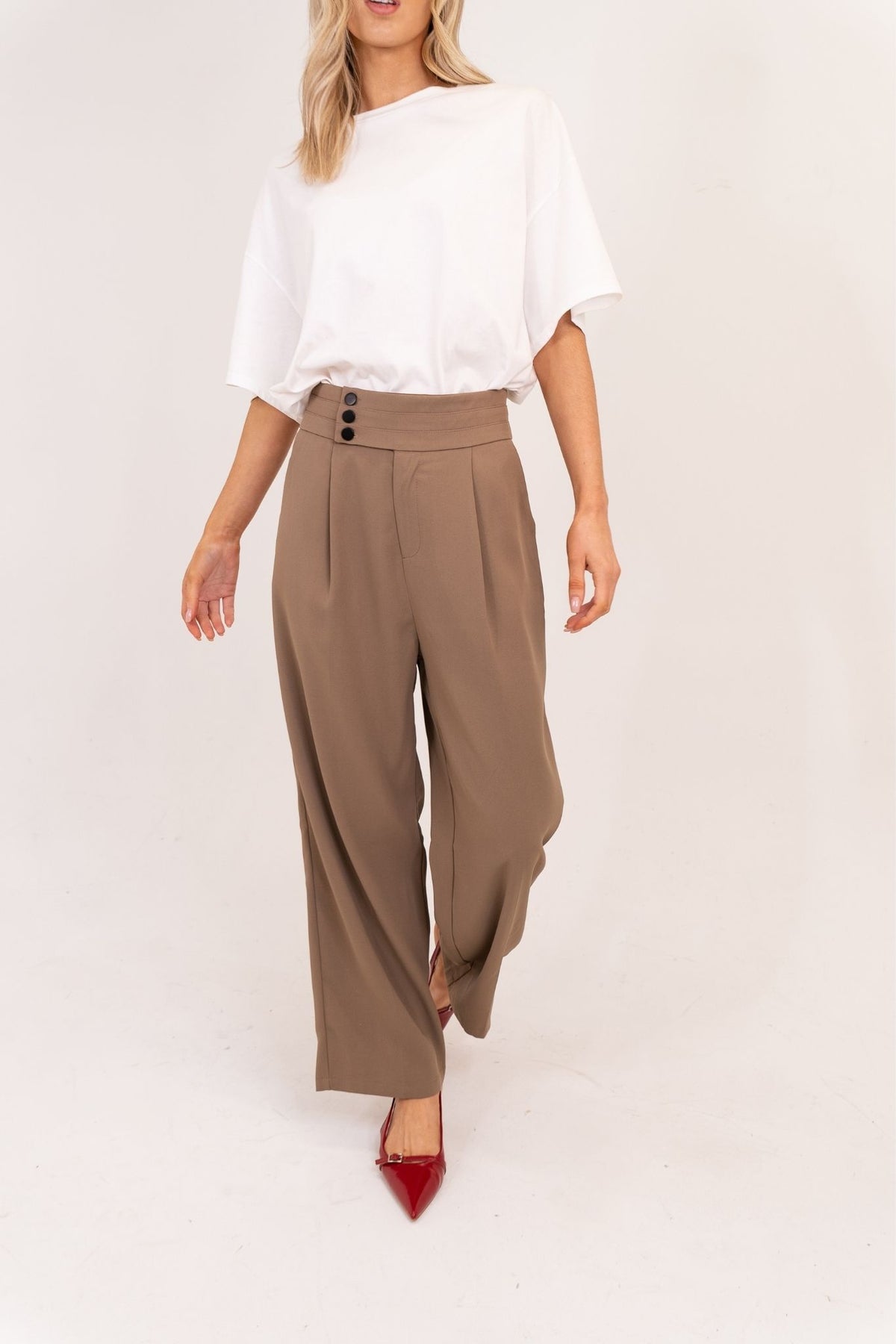 Willow Button Waist Trousers In Taupe