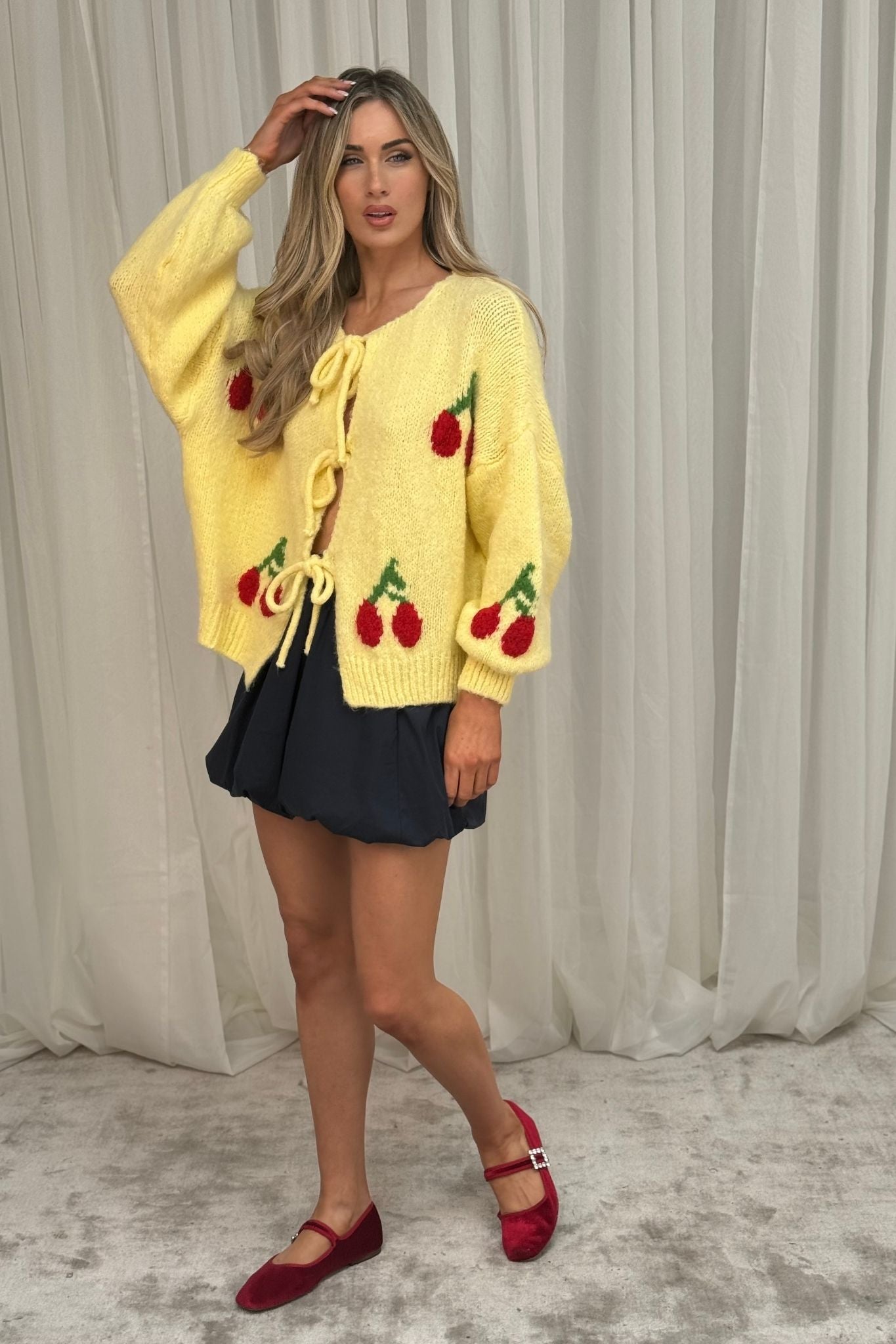 Leona Tie Front Cherry Cardigan In Yellow