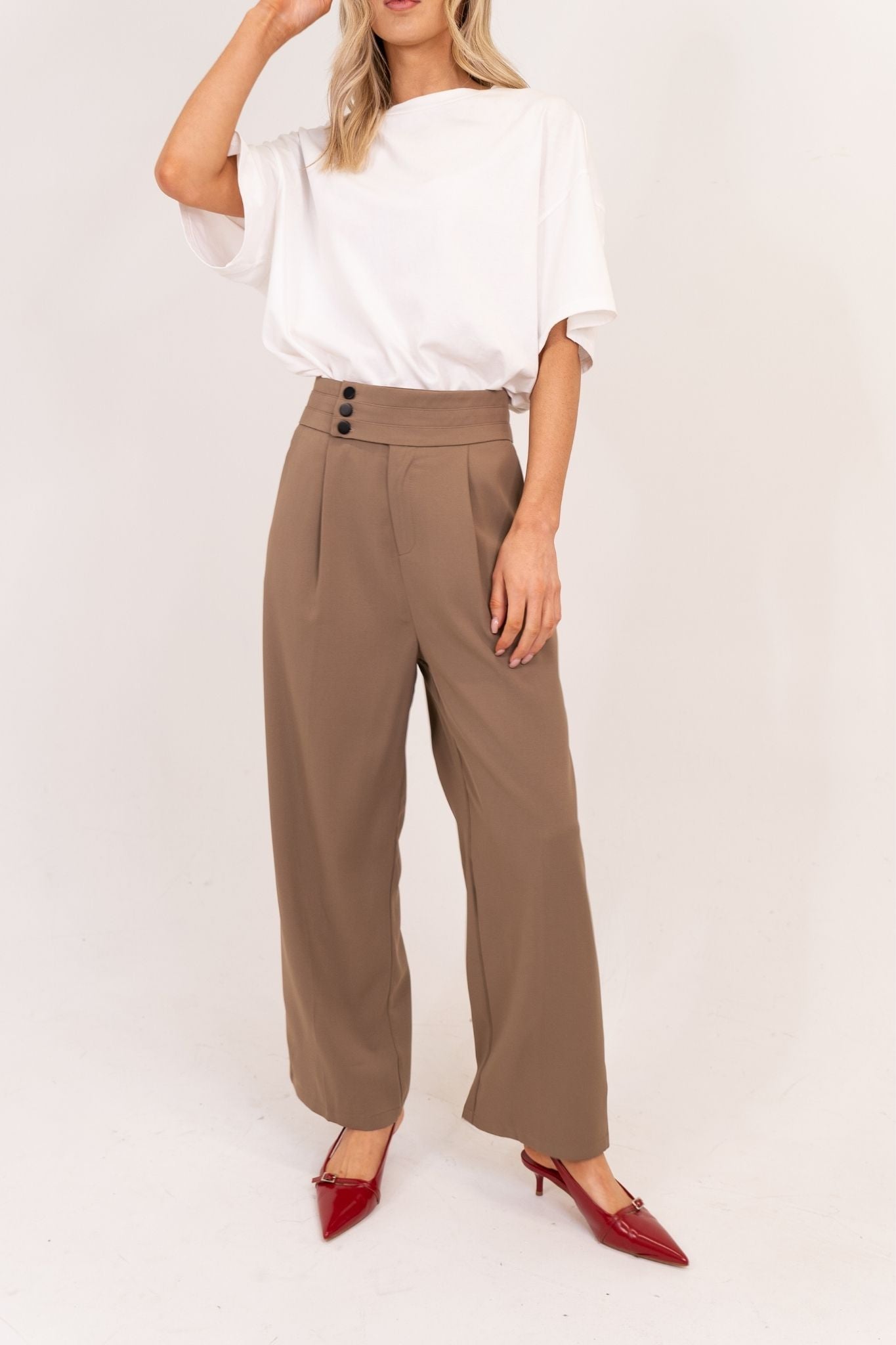 Willow Button Waist Trousers In Taupe