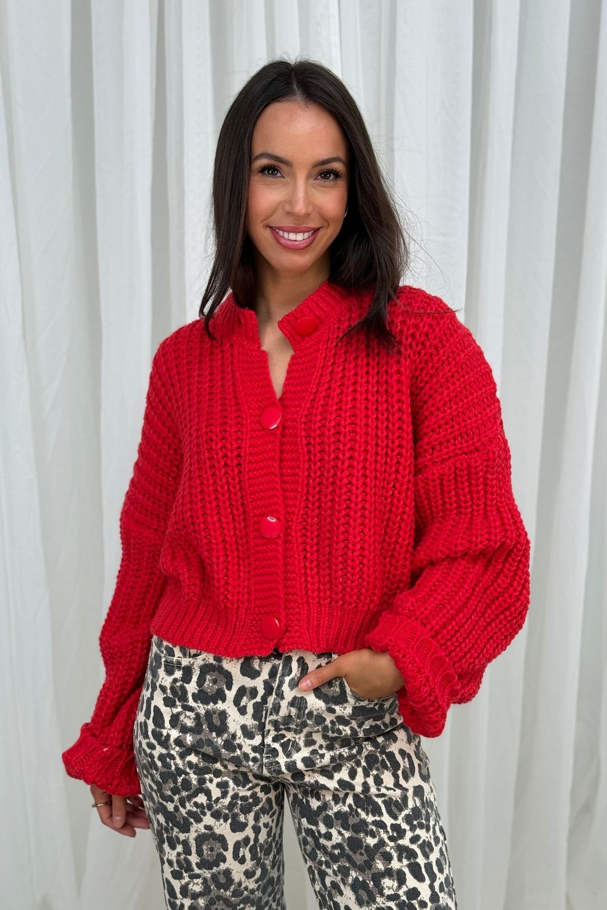 Lila Chunky Knit Cardigan In Red