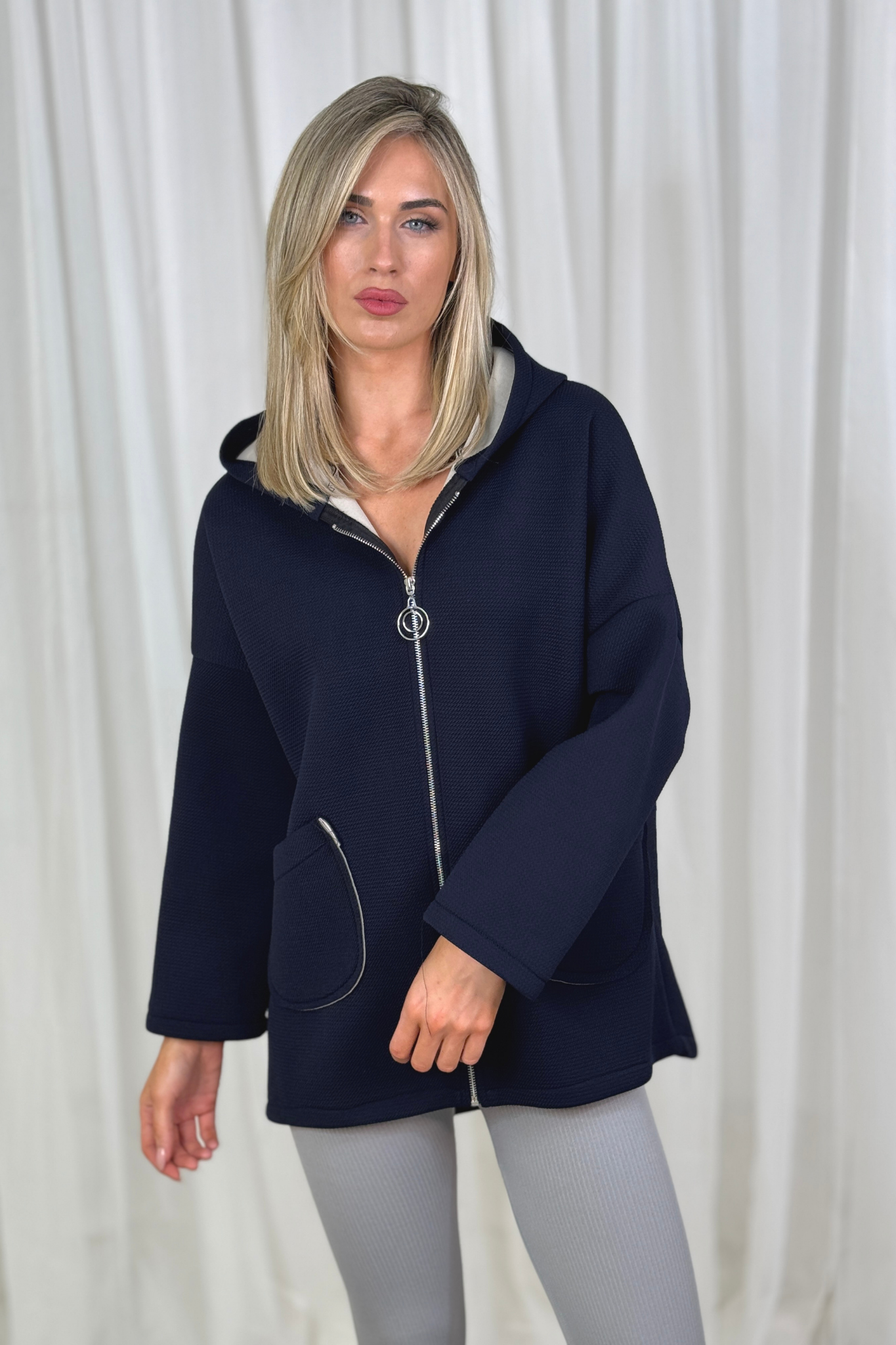 Polly Zip Front Hoodie In Navy