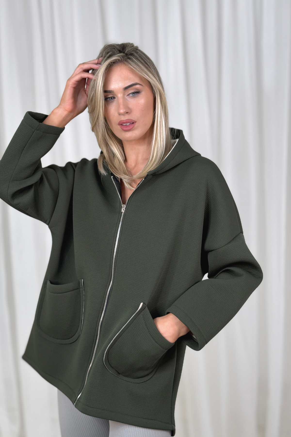 Polly Zip Front Hoodie In Khaki