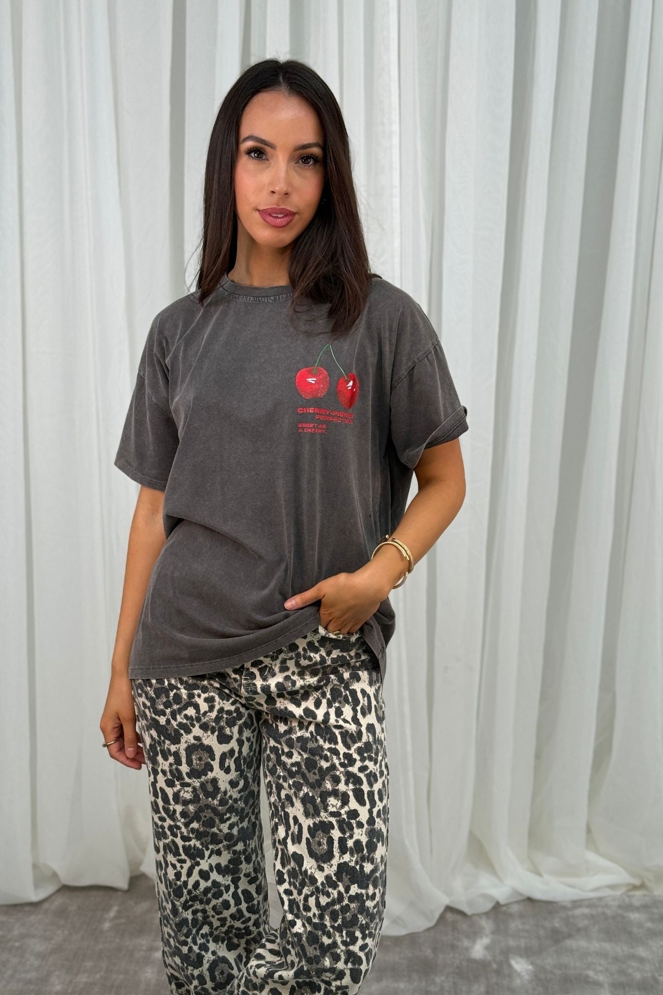 Melanie Cherry Motif T-Shirt In Grey